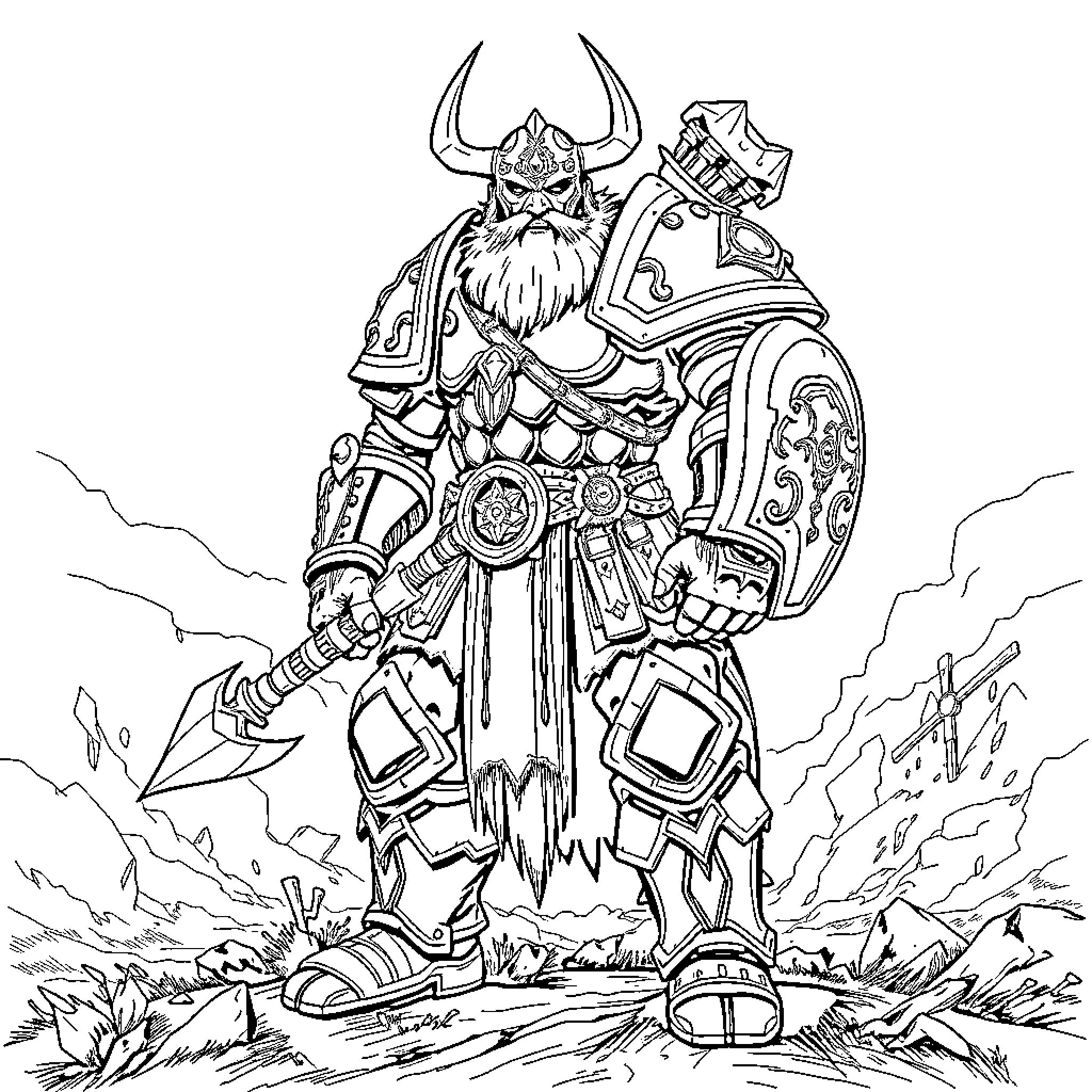 Atriox, the Mighty Warlord in Armored Splendor Coloring Page (free black-and-white line drawing printable PDF for all, from beginners to advanced learners, including children, teens, adults, and seniors)