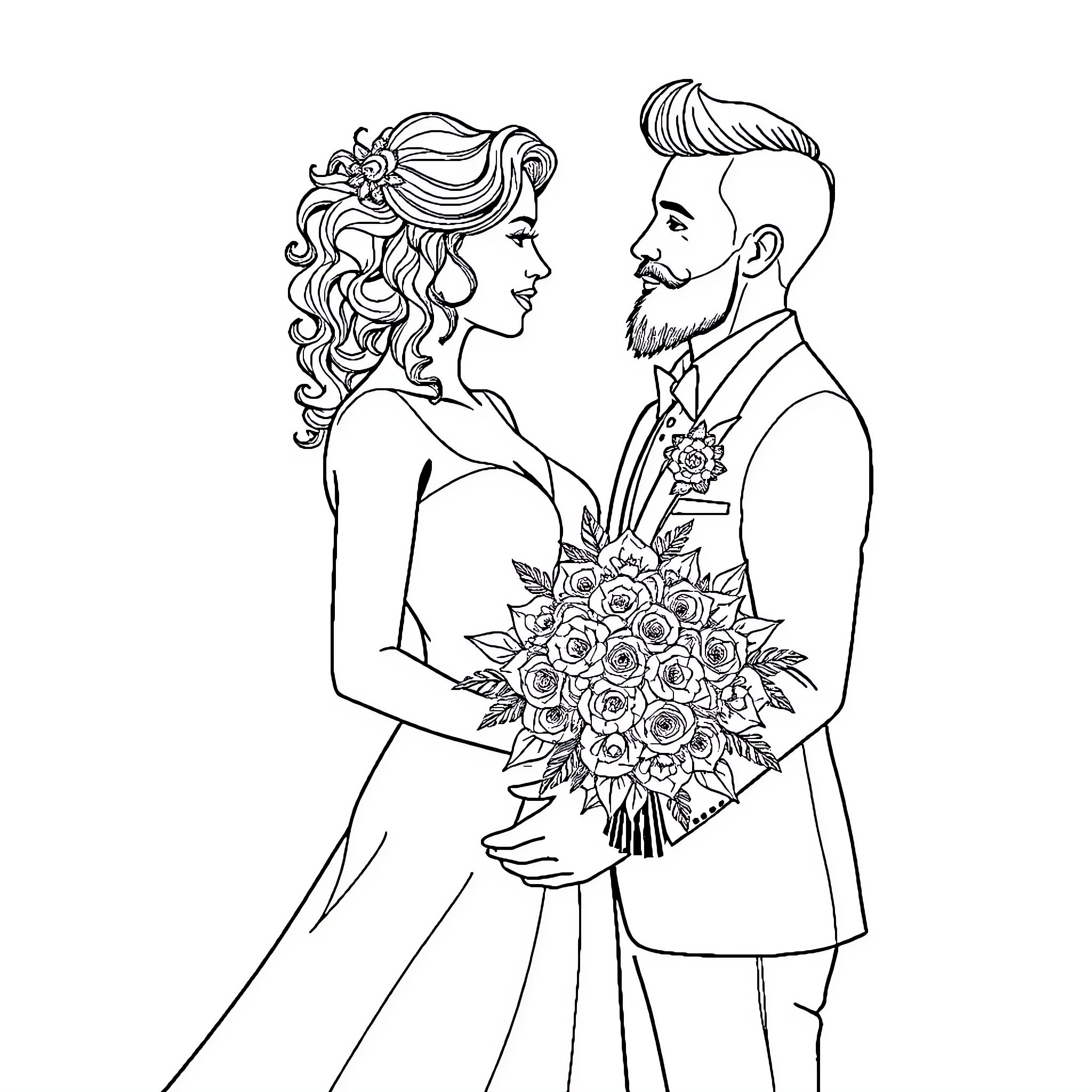 Wedding Couple Embracing with Floral Bouquet Coloring Page (free black-and-white line drawing printable PDF for all, from beginners to advanced learners, including children, teens, adults, and seniors)
