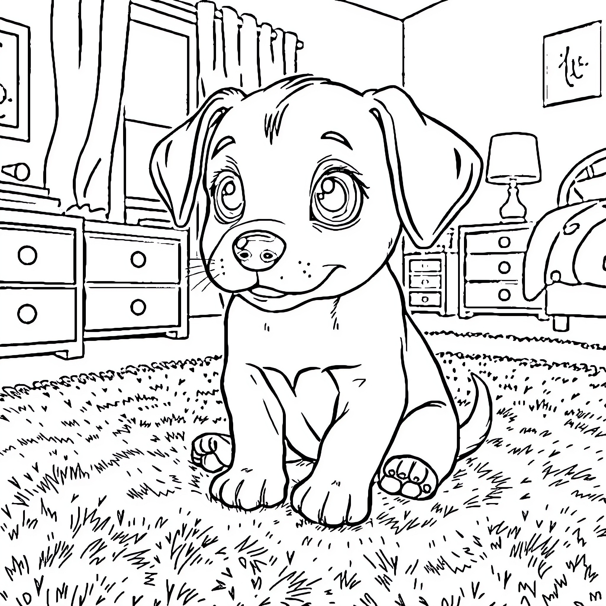 Dog sitting adorably in a cozy room Coloring Page (free black-and-white line drawing printable PDF for all, from beginners to advanced learners, including children, teens, adults, and seniors)