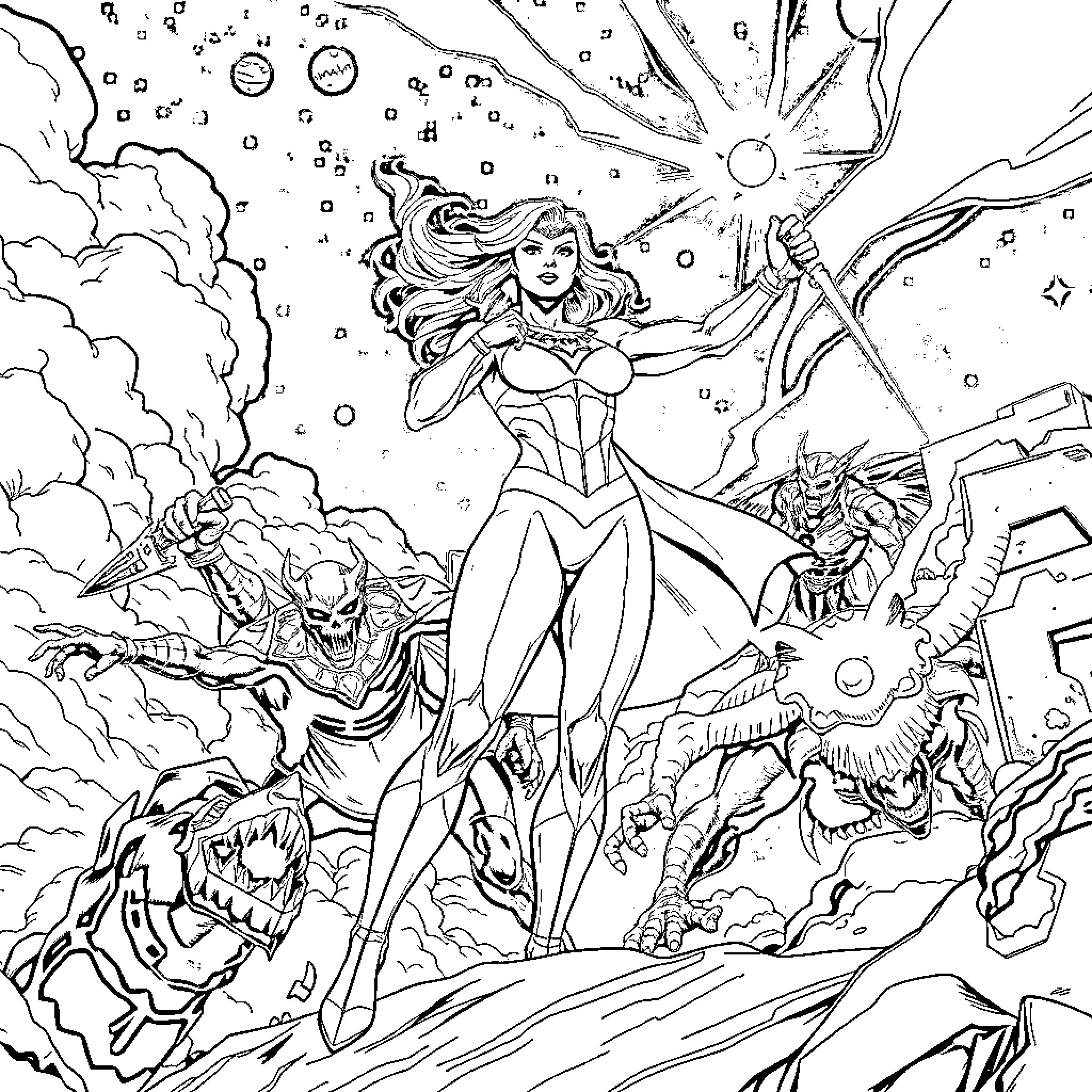 Power Girl battles against monstrous foes Coloring Page (free black-and-white line drawing printable PDF for all, from beginners to advanced learners, including children, teens, adults, and seniors)