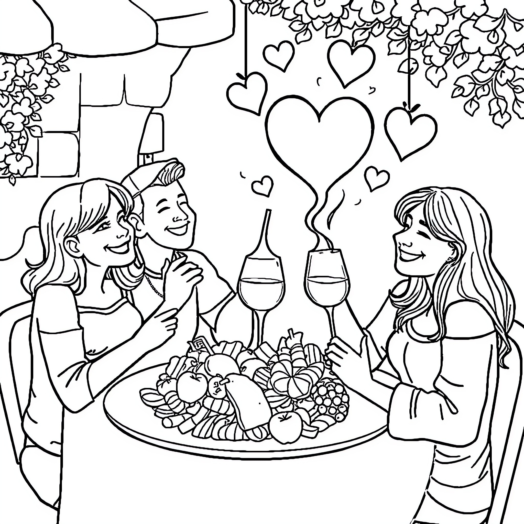 Heart-Warming Celebration of Love and Friendship Coloring Page (free black-and-white line drawing printable PDF for all, from beginners to advanced learners, including children, teens, adults, and seniors)