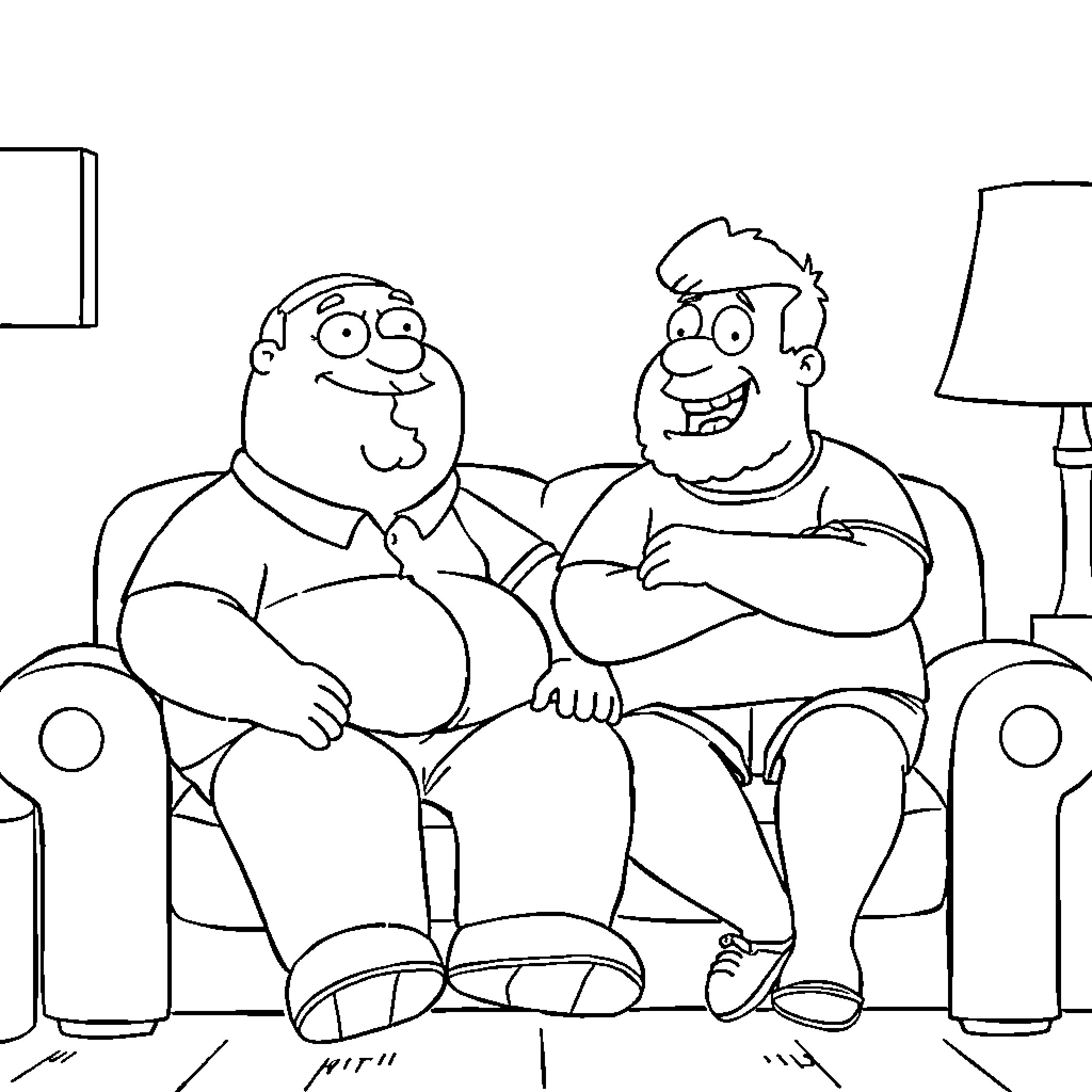 Peter Griffin and friend relaxing on the couch Coloring Page (free black-and-white line drawing printable PDF for all, from beginners to advanced learners, including children, teens, adults, and seniors)