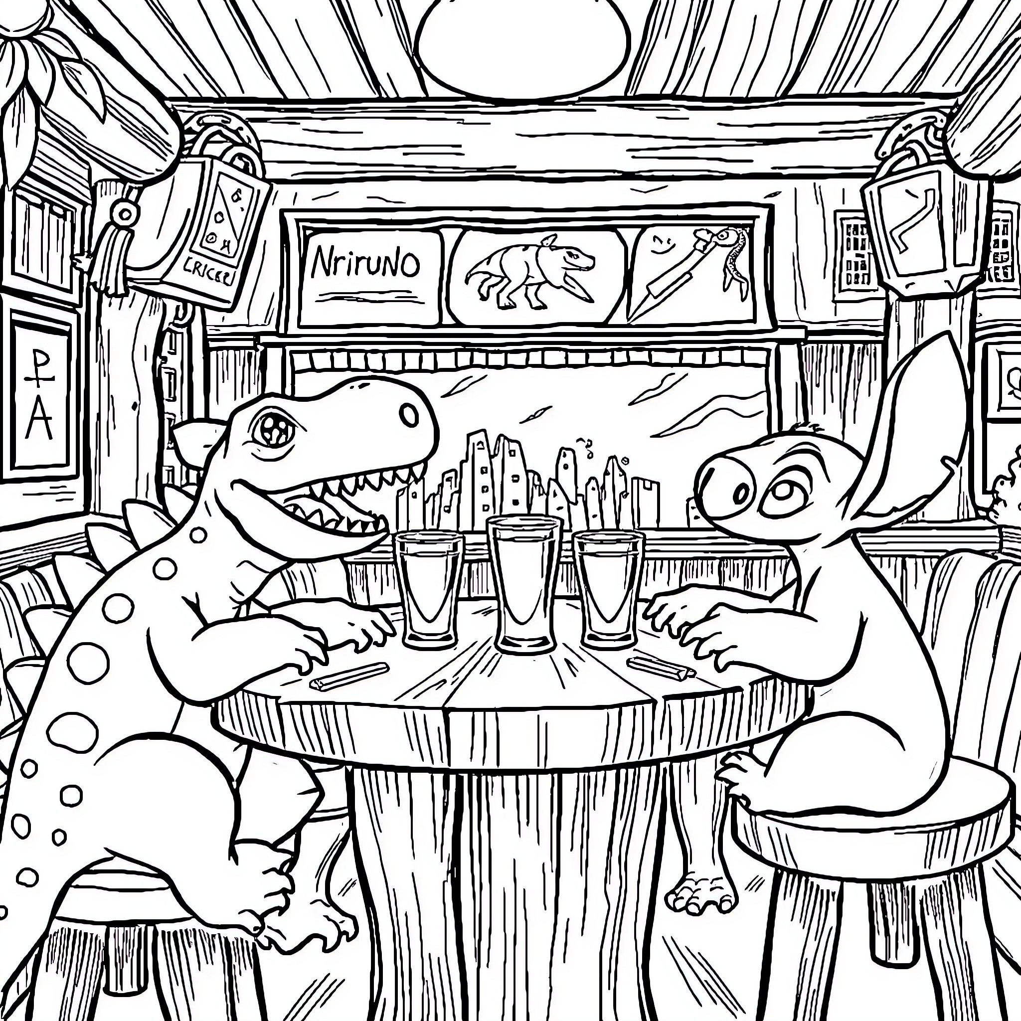 Dinosaurs enjoying drinks at the bar Coloring Page (free black-and-white line drawing printable PDF for all, from beginners to advanced learners, including children, teens, adults, and seniors)