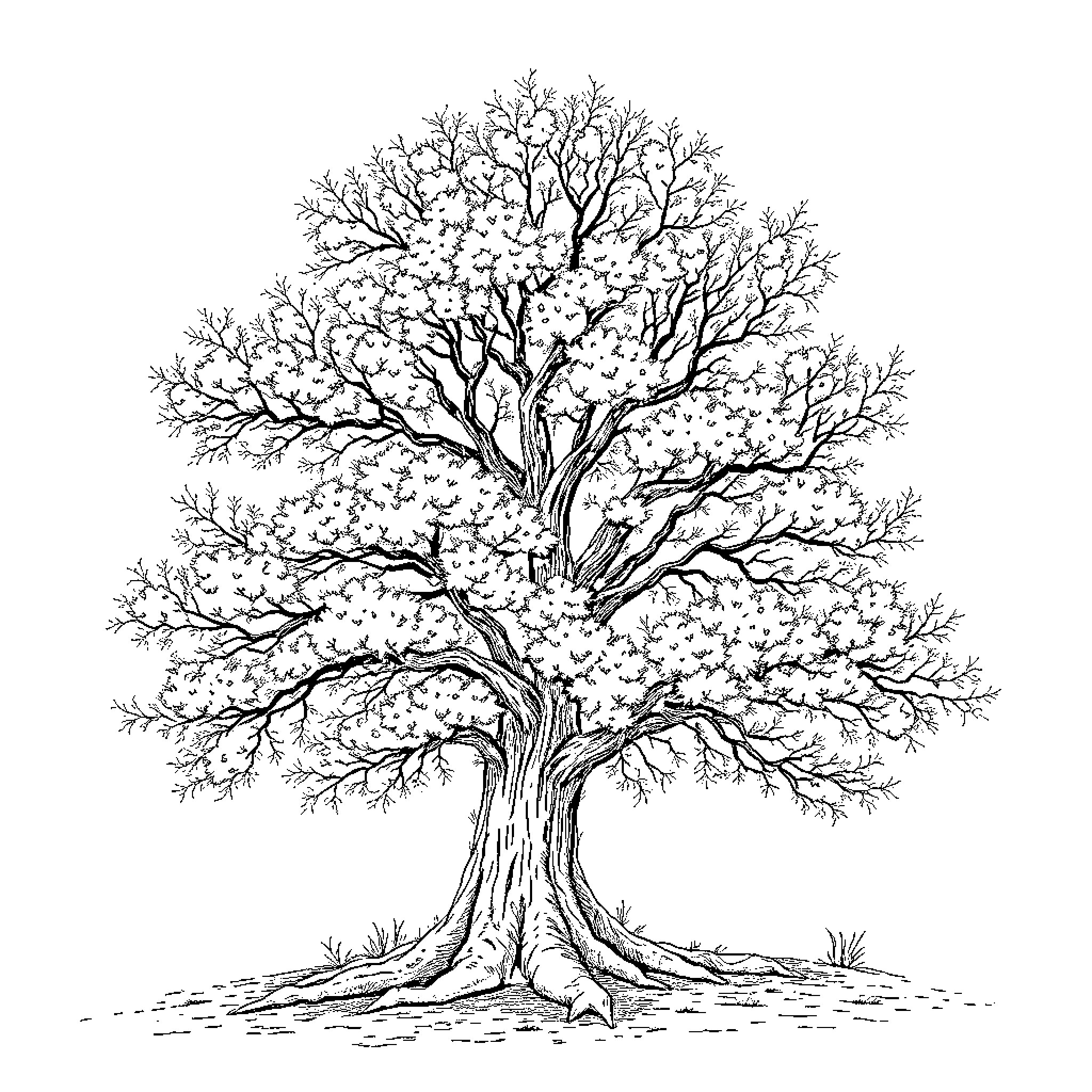 Trunk of a majestic blossoming tree Coloring Page (free black-and-white line drawing printable PDF for all, from beginners to advanced learners, including children, teens, adults, and seniors)