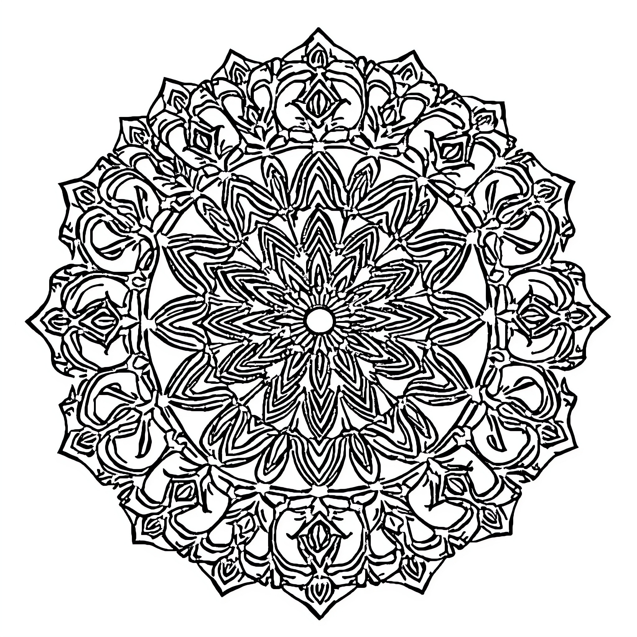 Mandalas with detailed floral patterns Coloring Page (free black-and-white line drawing printable PDF for all, from beginners to advanced learners, including children, teens, adults, and seniors)