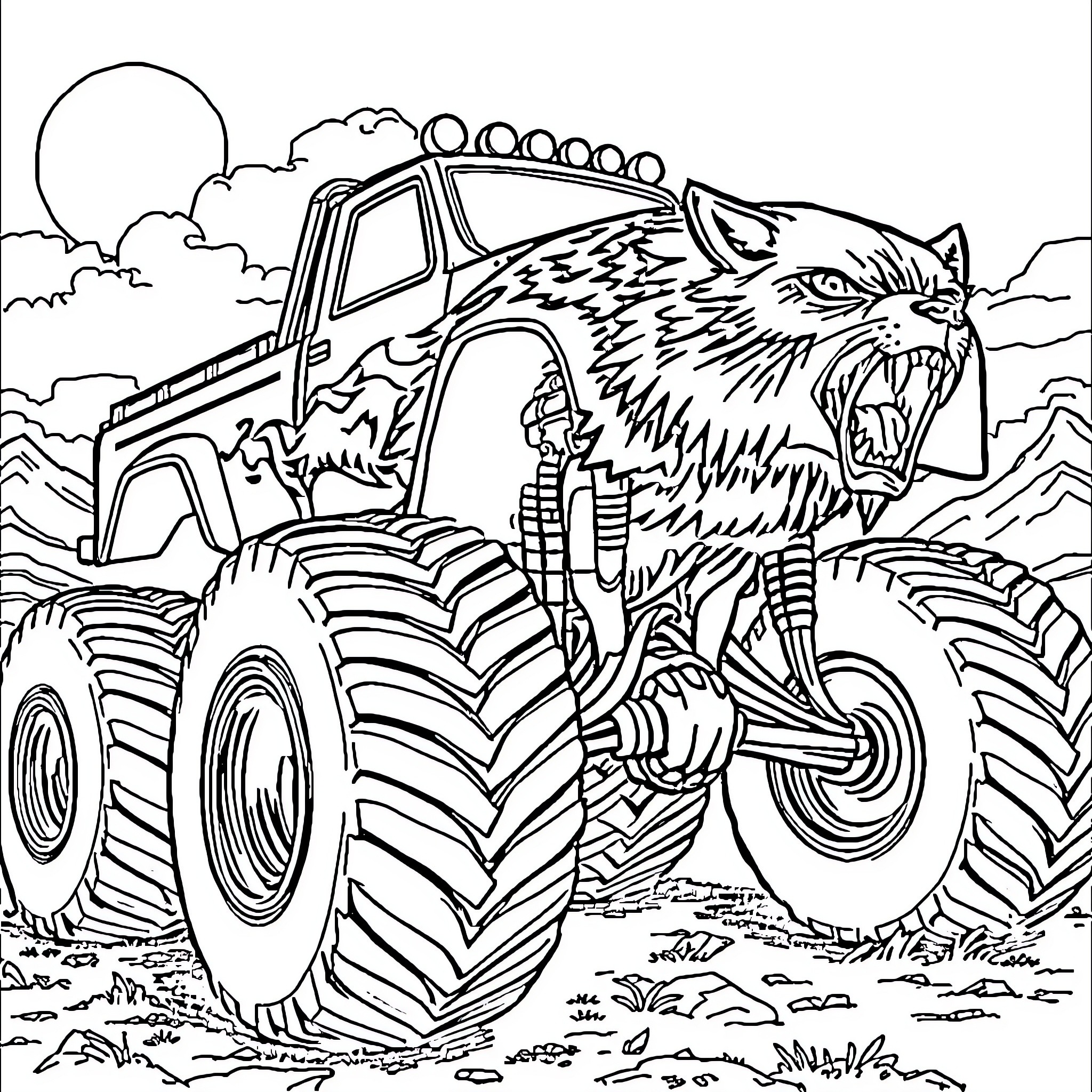 Monster Truck with a Fierce Wildcat Coloring Page (free black-and-white line drawing printable PDF for all, from beginners to advanced learners, including children, teens, adults, and seniors)