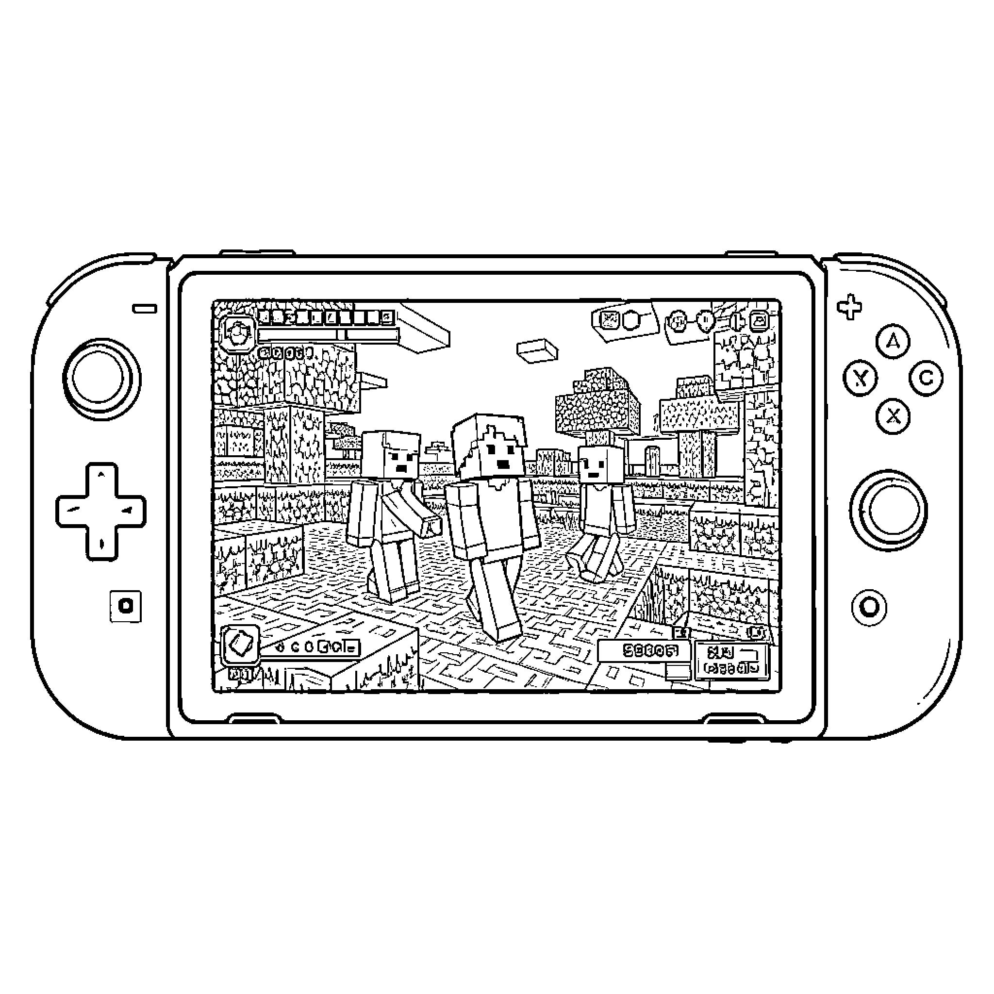 Minecraft characters exploring a blocky landscape on a handheld console Coloring Page (free black-and-white line drawing printable PDF for all, from beginners to advanced learners, including children, teens, adults, and seniors)