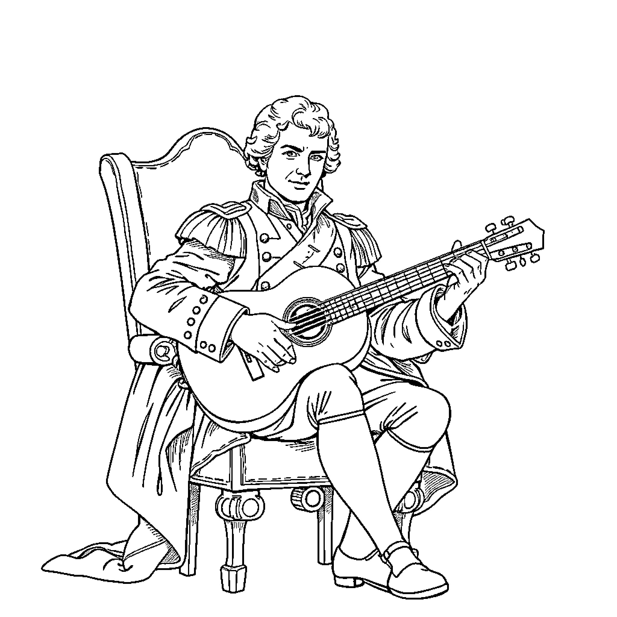 Napoleon playing guitar in ornate attire Coloring Page (free black-and-white line drawing printable PDF for all, from beginners to advanced learners, including children, teens, adults, and seniors)