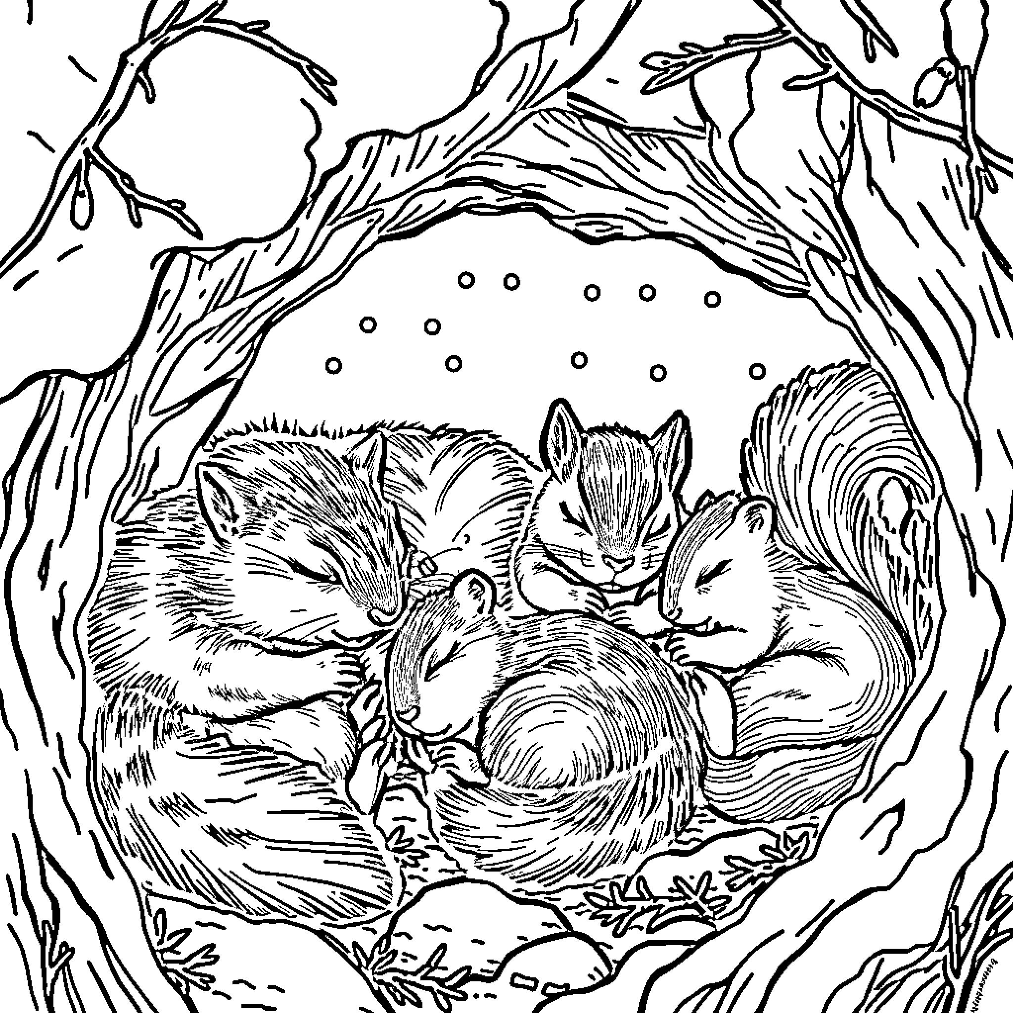 Animal family nesting in the hollow tree Coloring Page (free black-and-white line drawing printable PDF for all, from beginners to advanced learners, including children, teens, adults, and seniors)