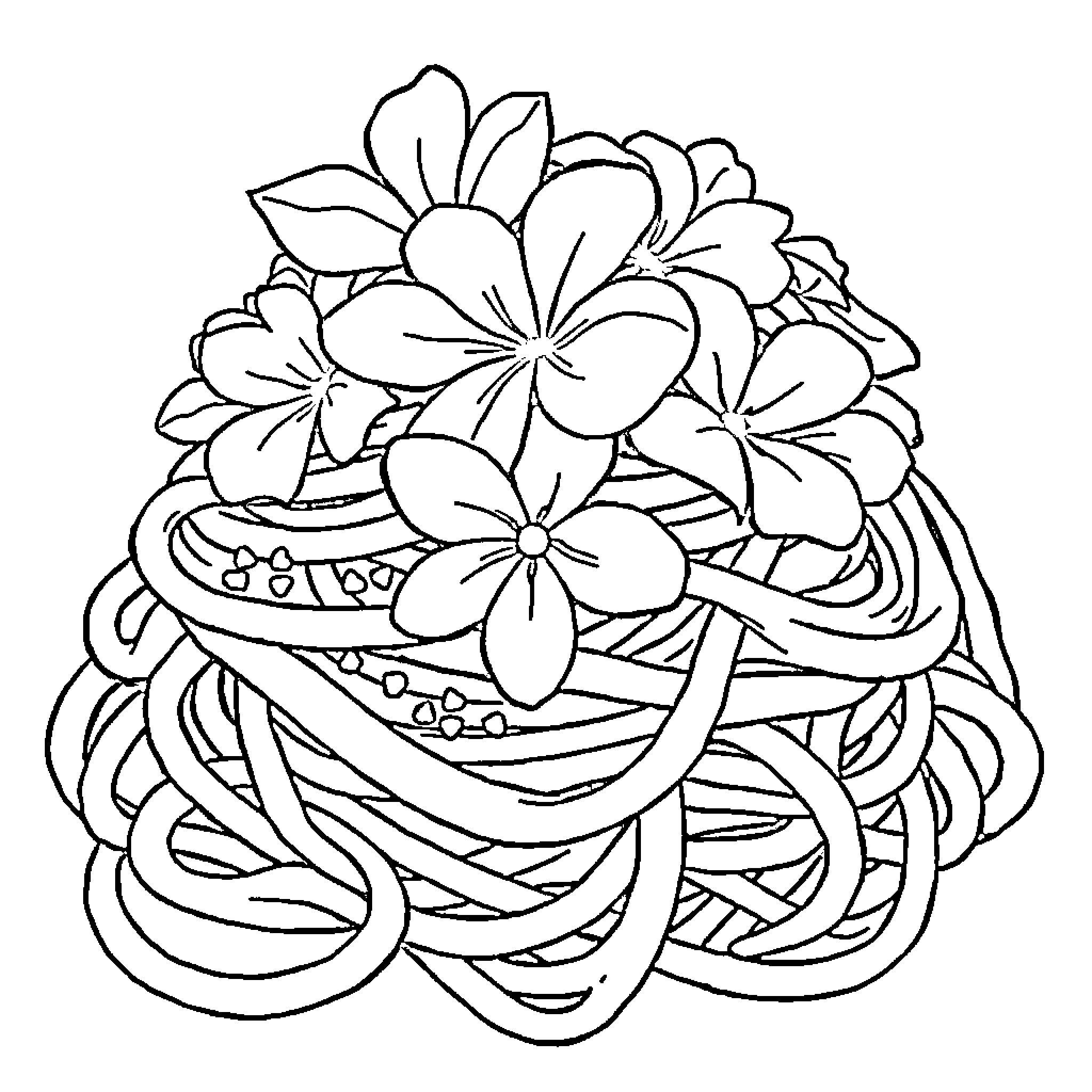 Flower bouquet in artistic arrangement Coloring Page (free black-and-white line drawing printable PDF for all, from beginners to advanced learners, including children, teens, adults, and seniors)