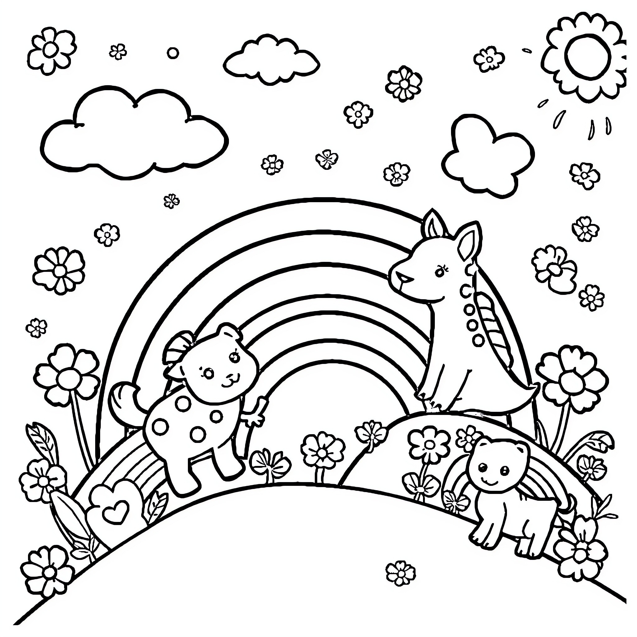 Lisa Frank Cute Animals Playing in Nature Coloring Page (free black-and-white line drawing printable PDF for all, from beginners to advanced learners, including children, teens, adults, and seniors)