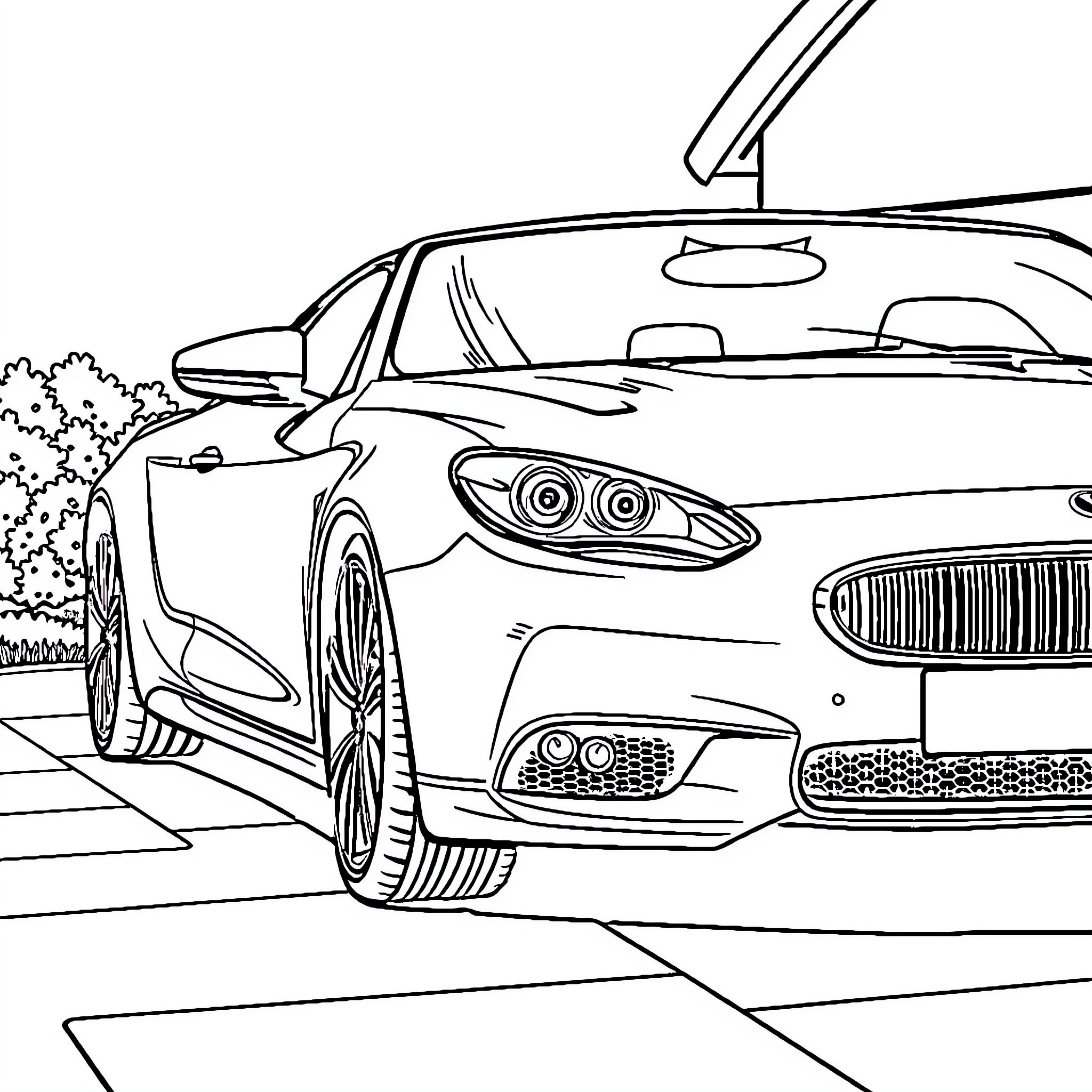 Car parked in front of foliage on the road Coloring Page (free black-and-white line drawing printable PDF for all, from beginners to advanced learners, including children, teens, adults, and seniors)
