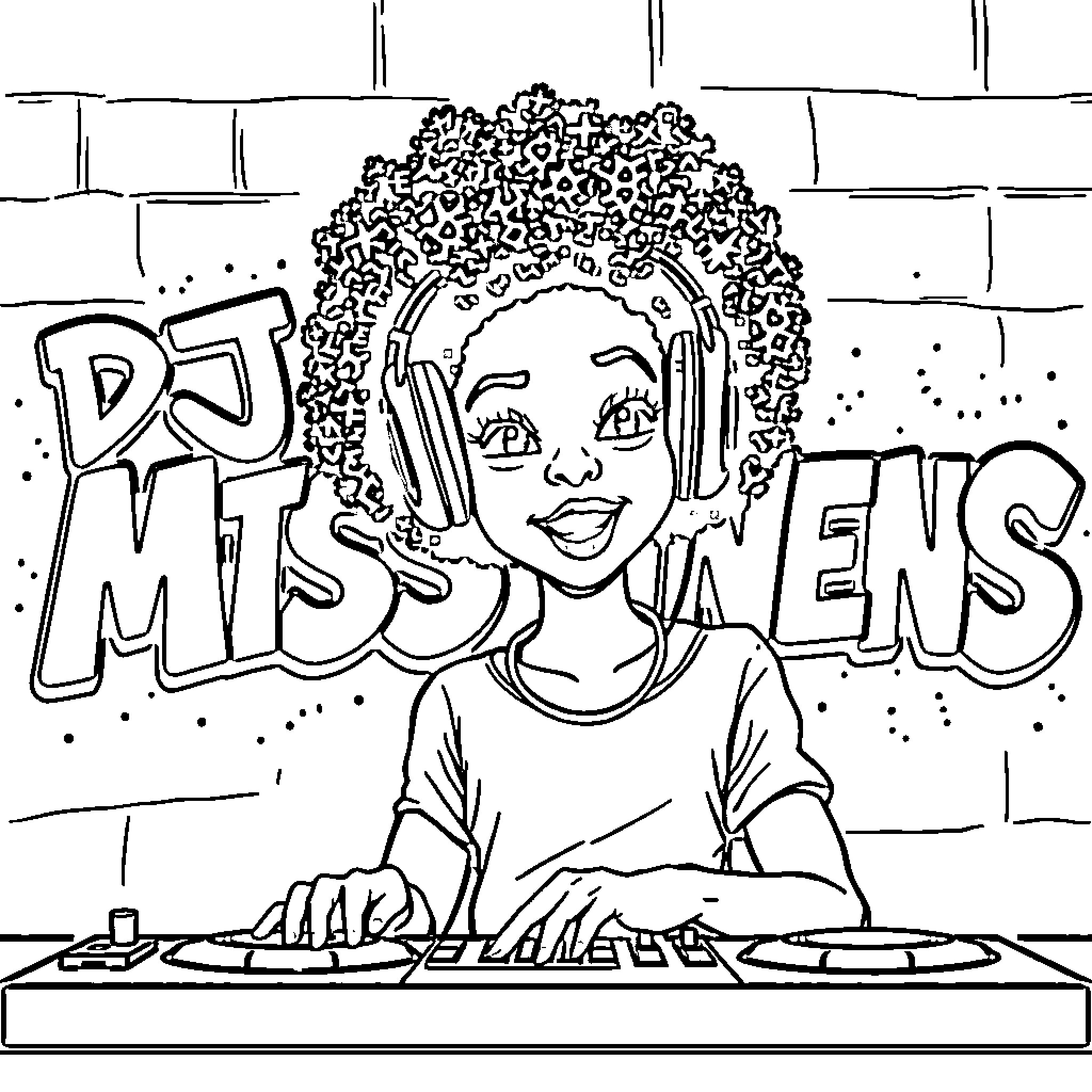 DJ with curly hair mixing tunes at the turntables Coloring Page (free black-and-white line drawing printable PDF for all, from beginners to advanced learners, including children, teens, adults, and seniors)