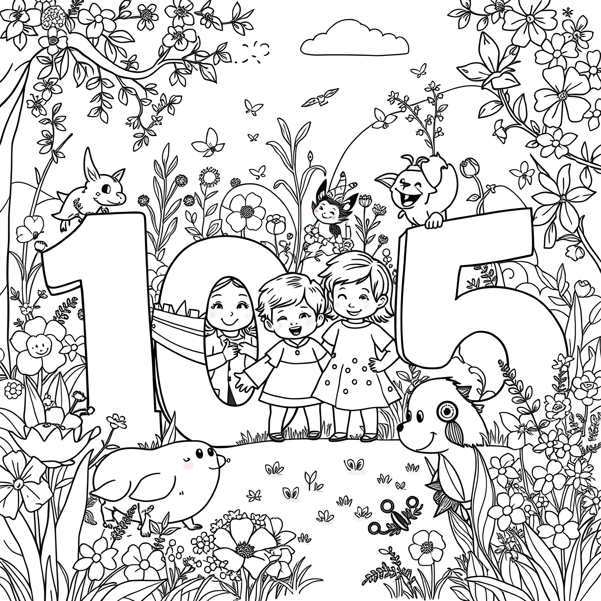 Child's Playful Adventure in Floral Wonderland Coloring Page (free black-and-white line drawing printable PDF for all, from beginners to advanced learners, including children, teens, adults, and seniors)