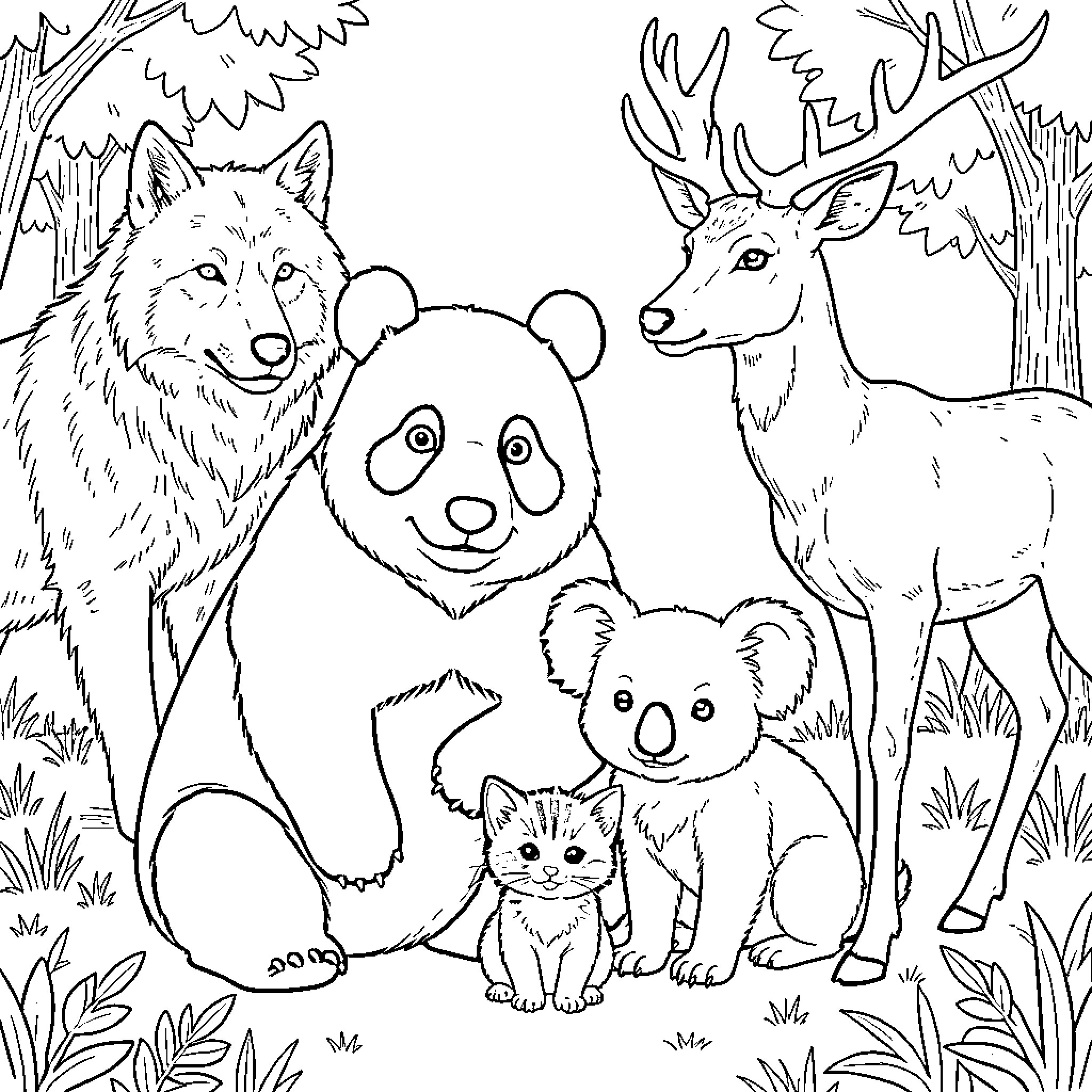 Panda sitting peacefully among various forest animals Coloring Page (free black-and-white line drawing printable PDF for all, from beginners to advanced learners, including children, teens, adults, and seniors)