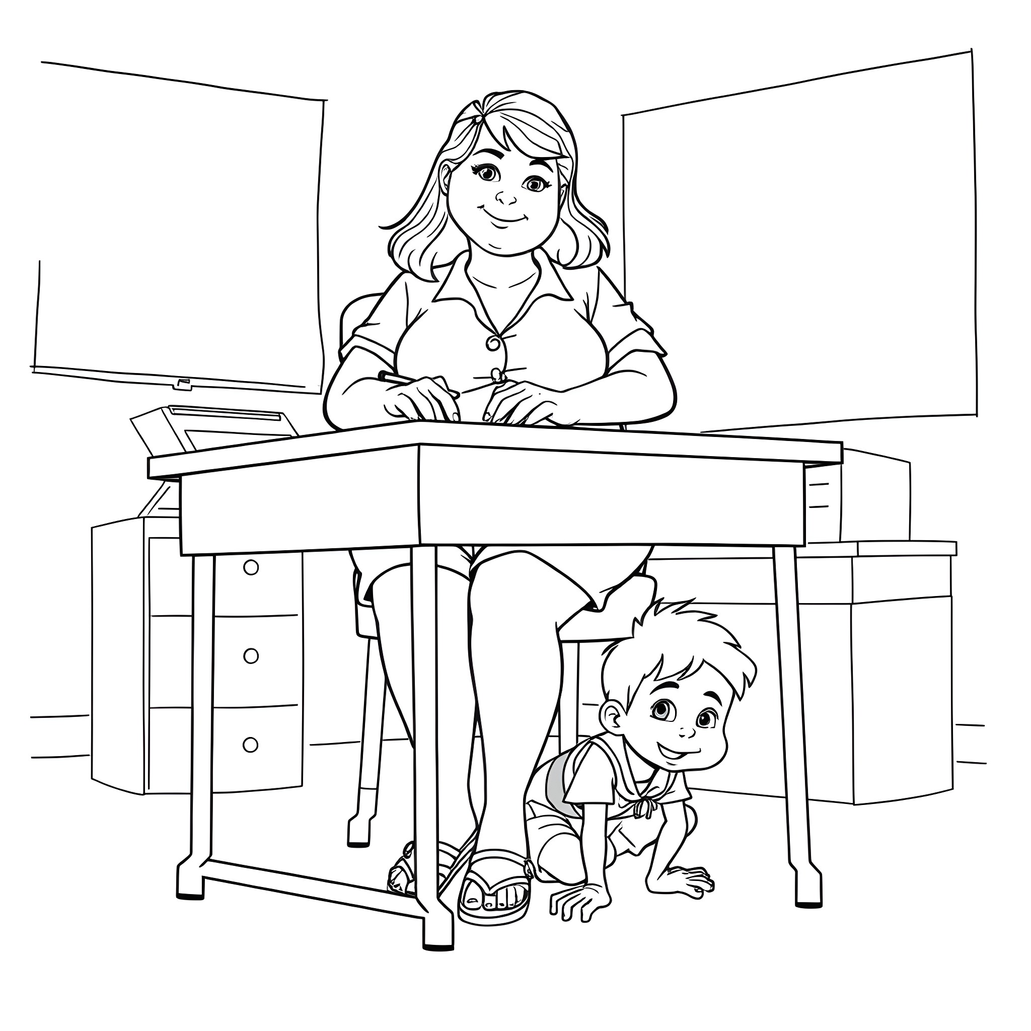 Teacher assisting student during class Coloring Page (free black-and-white line drawing printable PDF for all, from beginners to advanced learners, including children, teens, adults, and seniors)