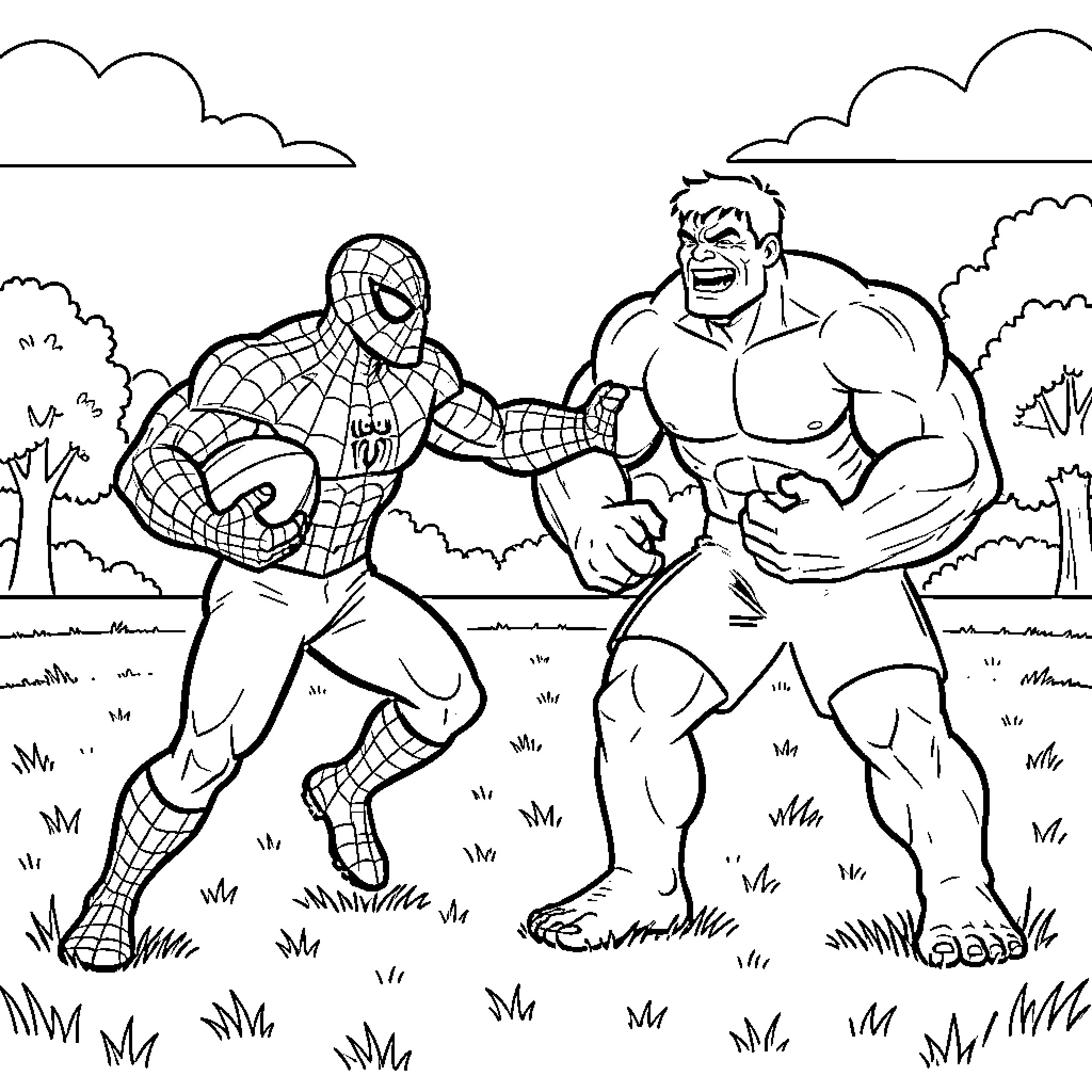 Spiderman running and facing off against Hulk Coloring Page (free black-and-white line drawing printable PDF for all, from beginners to advanced learners, including children, teens, adults, and seniors)