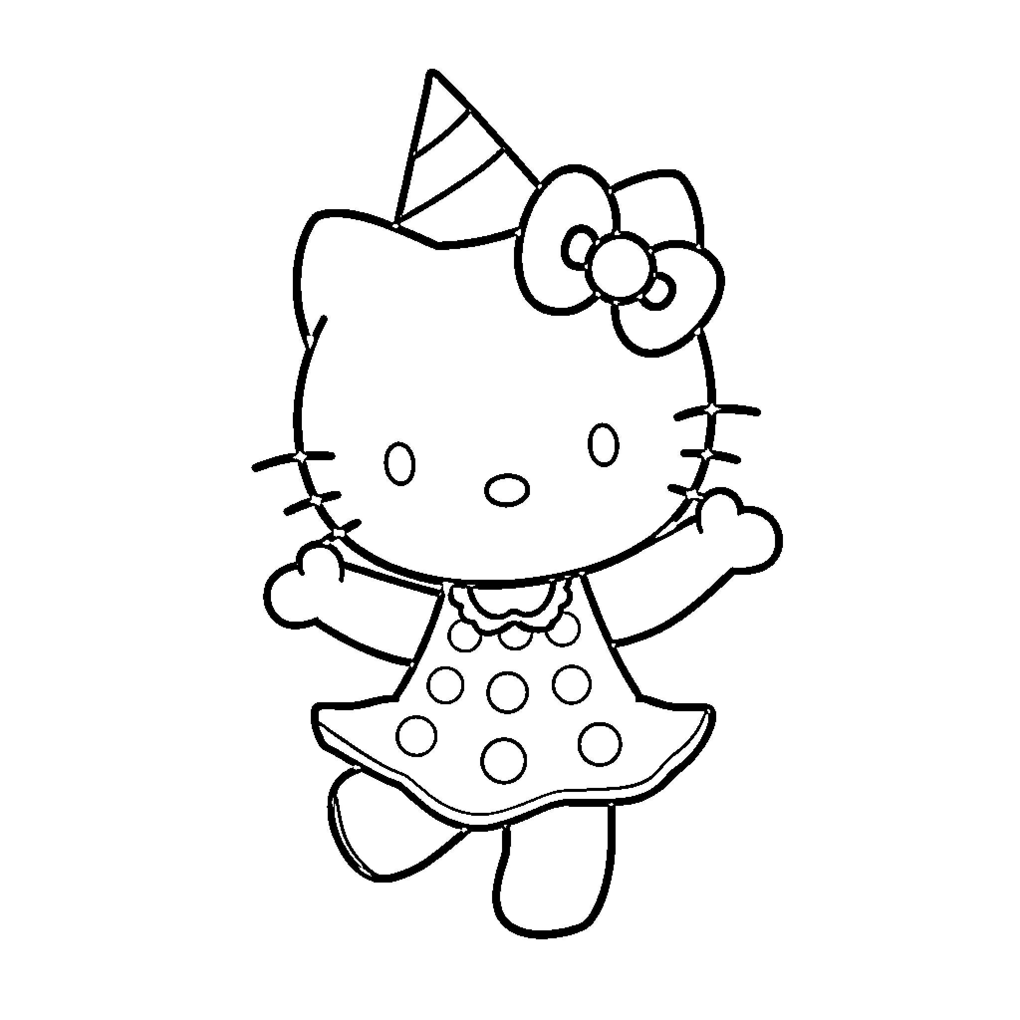 Hello Kitty in Polka Dot Dress Coloring Page (free black-and-white line drawing printable PDF for all, from beginners to advanced learners, including children, teens, adults, and seniors)
