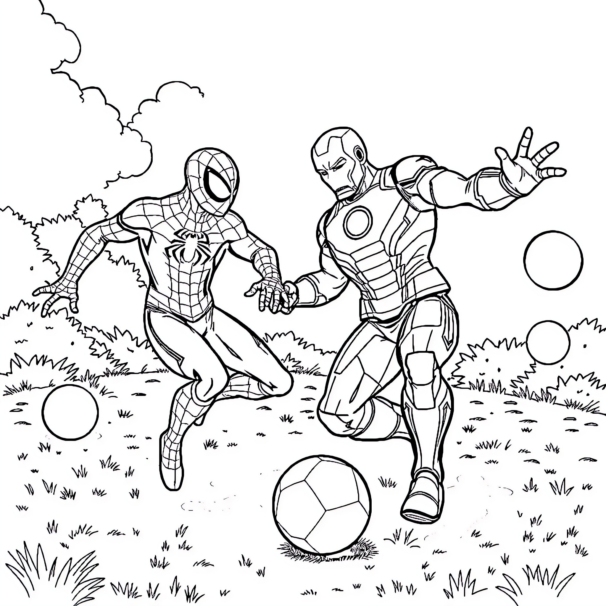 Spidey and Iron Man in action-packed soccer match Coloring Page (free black-and-white line drawing printable PDF for all, from beginners to advanced learners, including children, teens, adults, and seniors)