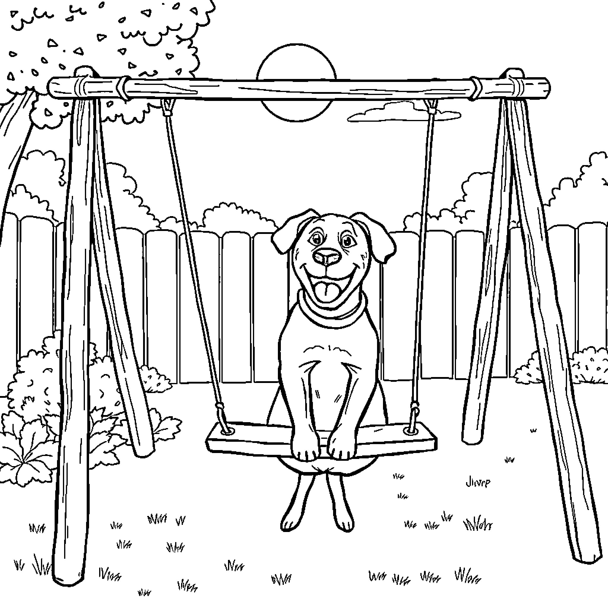 Lab Dog Enjoying Swing in Park Coloring Page (free black-and-white line drawing printable PDF for all, from beginners to advanced learners, including children, teens, adults, and seniors)