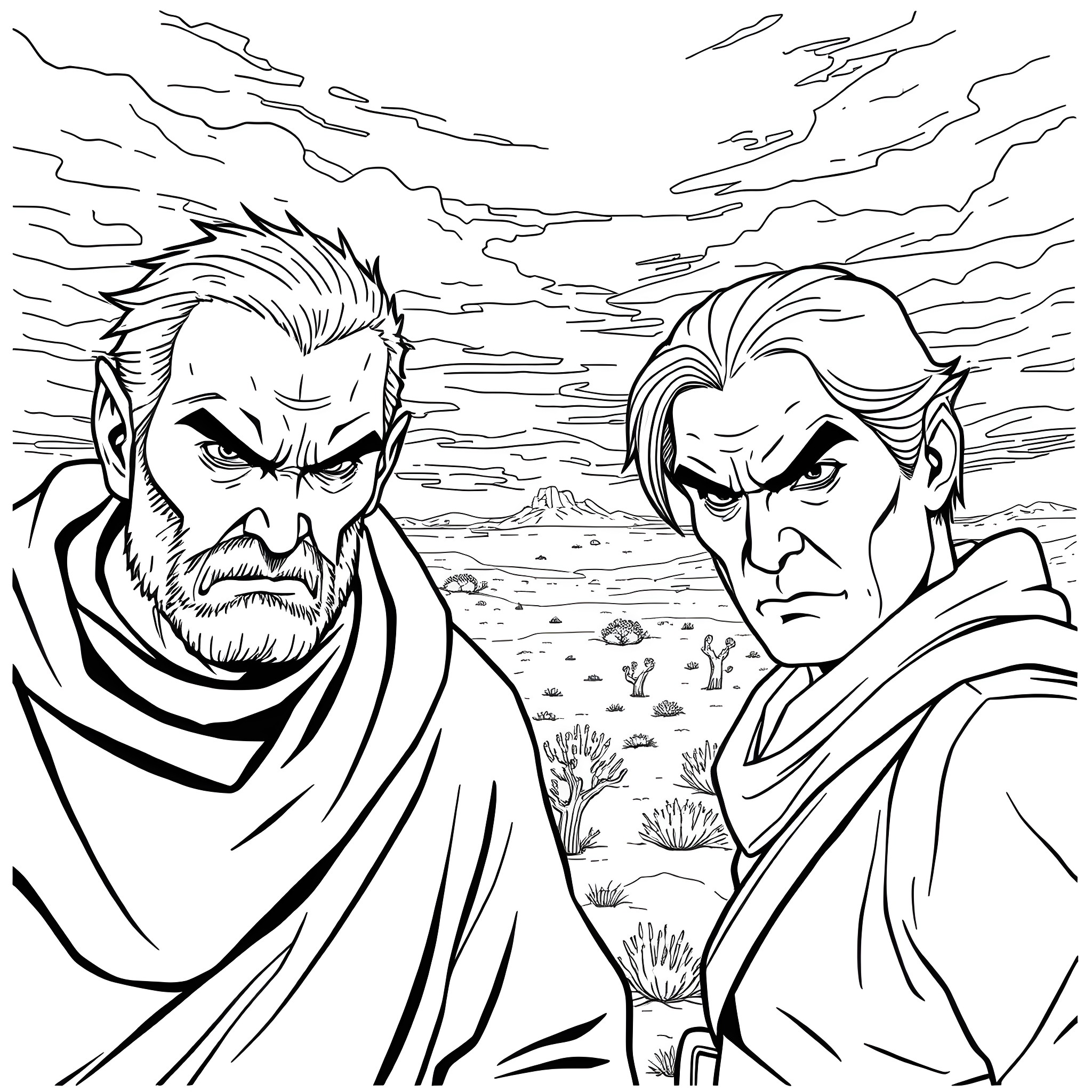 Character portrait of two determined men in desert landscape Coloring Page (free black-and-white line drawing printable PDF for all, from beginners to advanced learners, including children, teens, adults, and seniors)