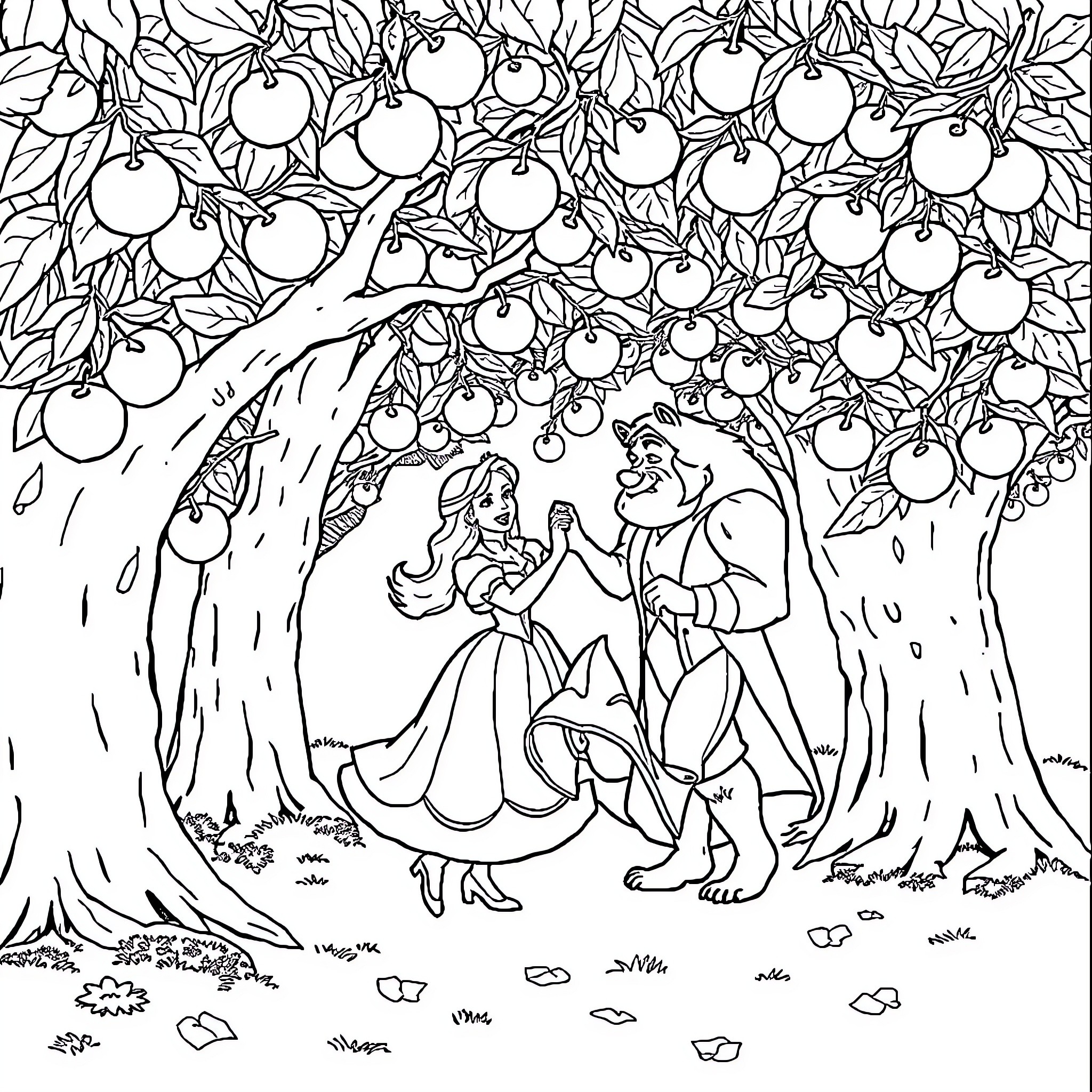 Beauty And The Beast Enjoying Nature's Bounty Coloring Page (free black-and-white line drawing printable PDF for all, from beginners to advanced learners, including children, teens, adults, and seniors)
