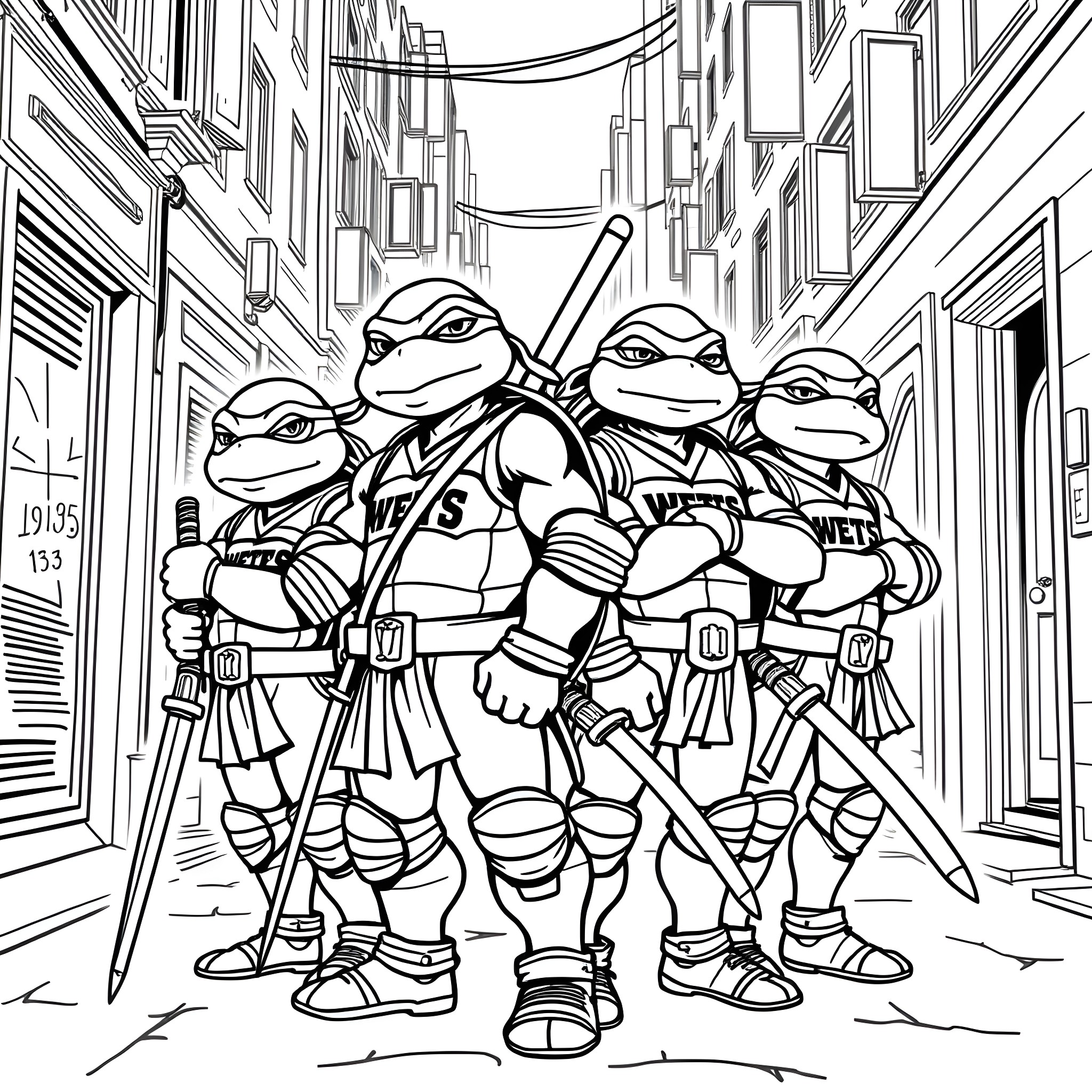 Ninja Turtles battling in an urban alleyway Coloring Page (free black-and-white line drawing printable PDF for all, from beginners to advanced learners, including children, teens, adults, and seniors)