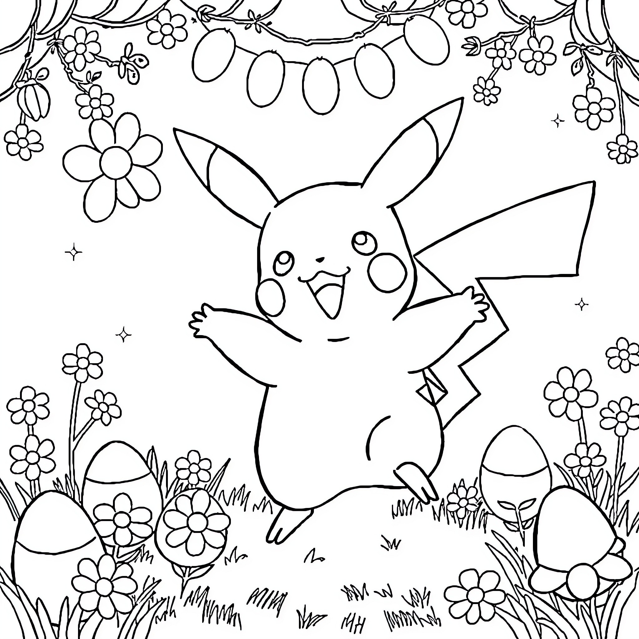 Pikachu celebrating Easter joyfully Coloring Page (free black-and-white line drawing printable PDF for all, from beginners to advanced learners, including children, teens, adults, and seniors)