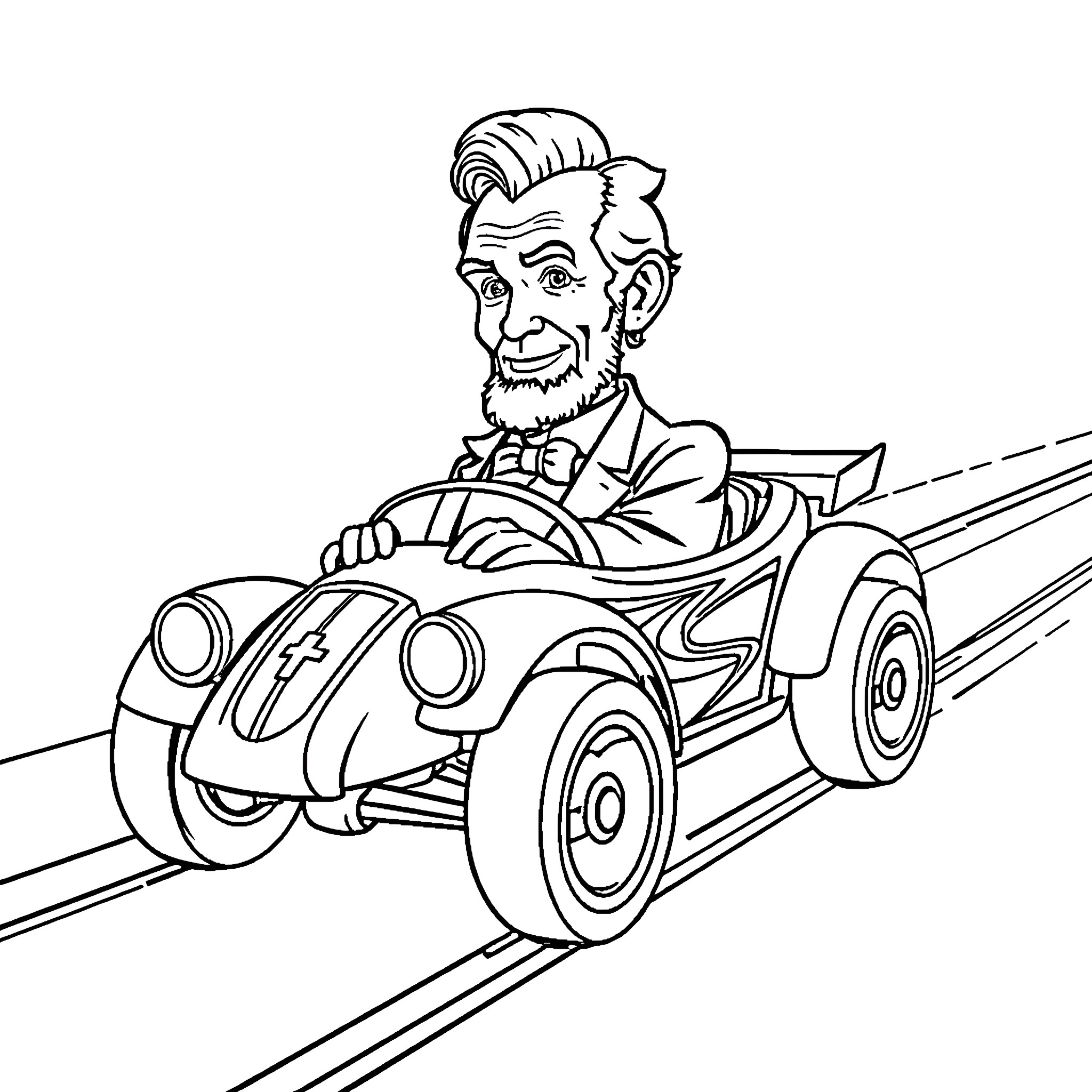 Abraham Lincoln Driving a Vintage Automobile Coloring Page (free black-and-white line drawing printable PDF for all, from beginners to advanced learners, including children, teens, adults, and seniors)