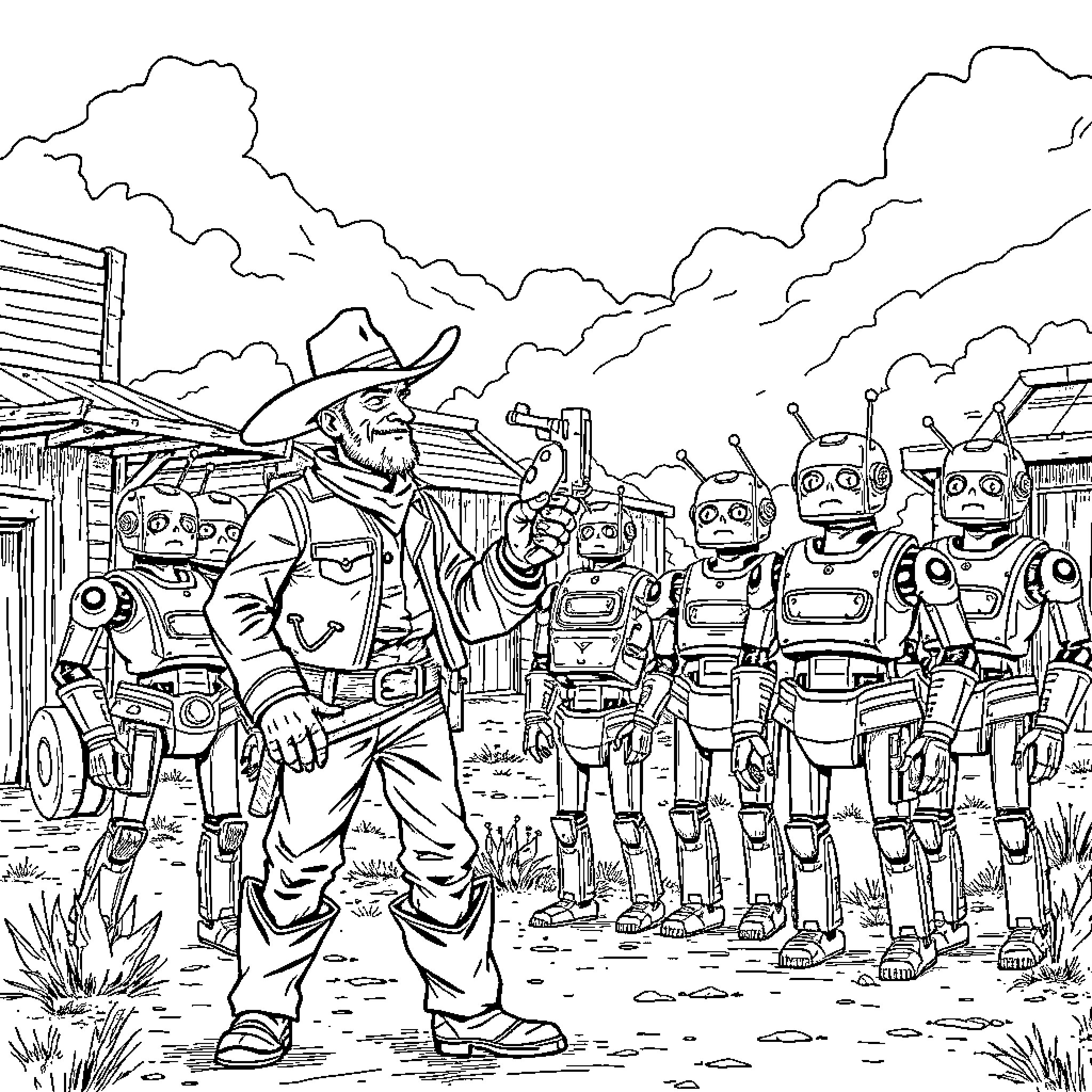Cowboy leading a group of robots in the Wild West Coloring Page (free black-and-white line drawing printable PDF for all, from beginners to advanced learners, including children, teens, adults, and seniors)
