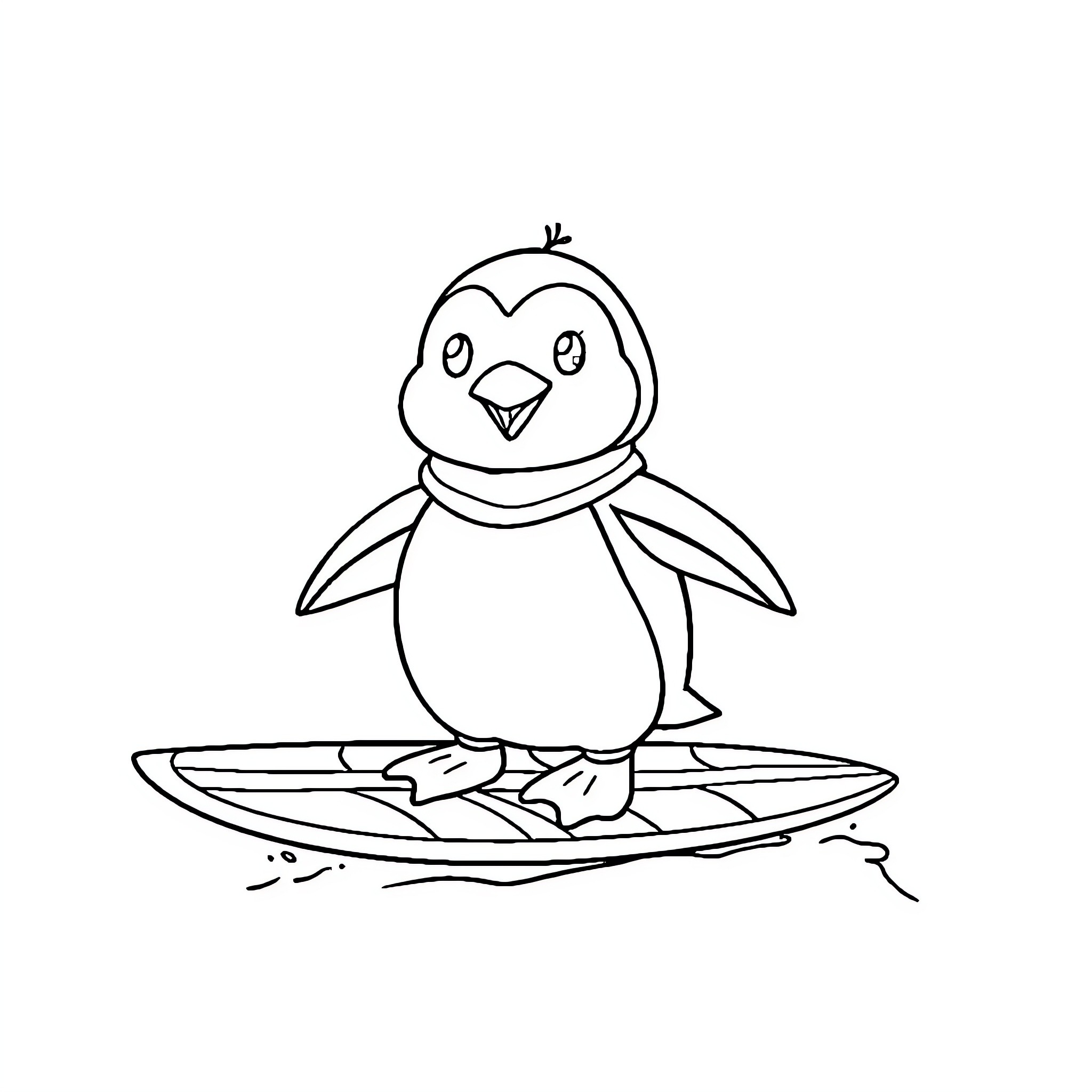 Penguin surfing on ice floe Coloring Page (free black-and-white line drawing printable PDF for all, from beginners to advanced learners, including children, teens, adults, and seniors)