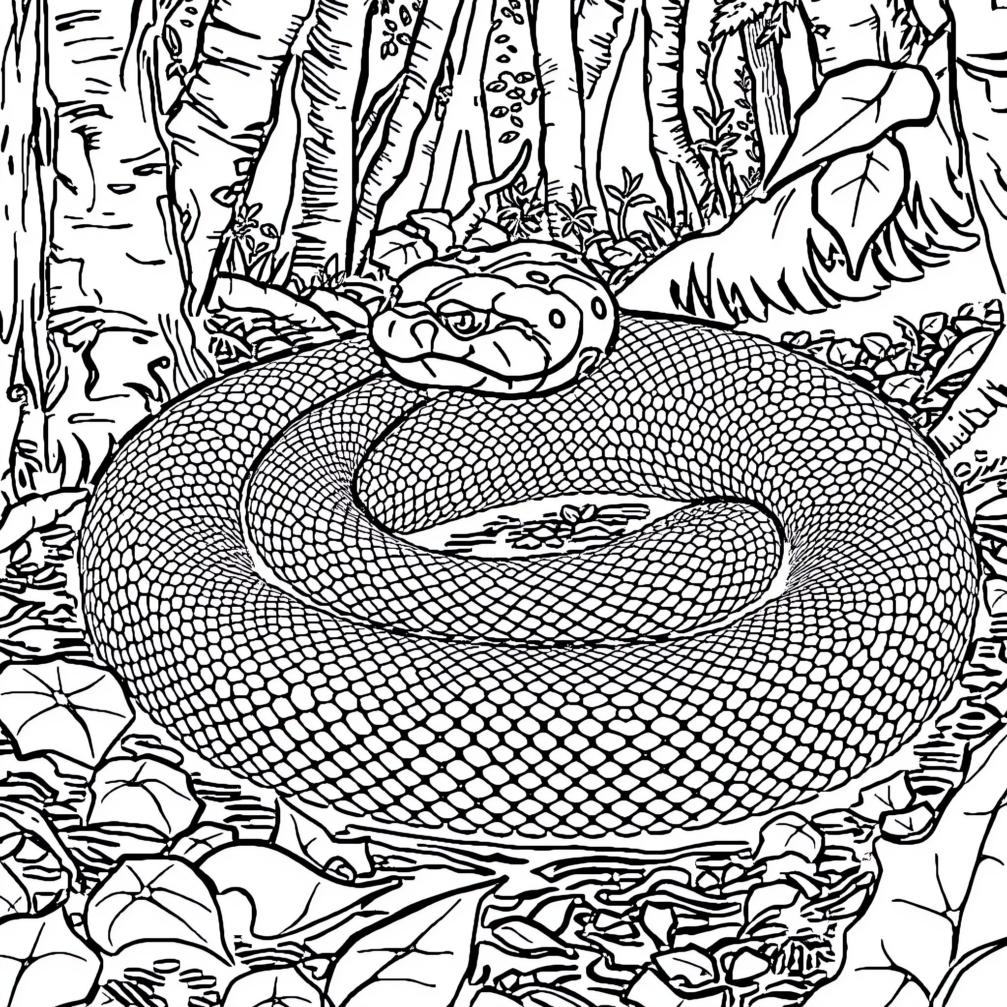 Snake coiled in the dense forest Coloring Page (free black-and-white line drawing printable PDF for all, from beginners to advanced learners, including children, teens, adults, and seniors)