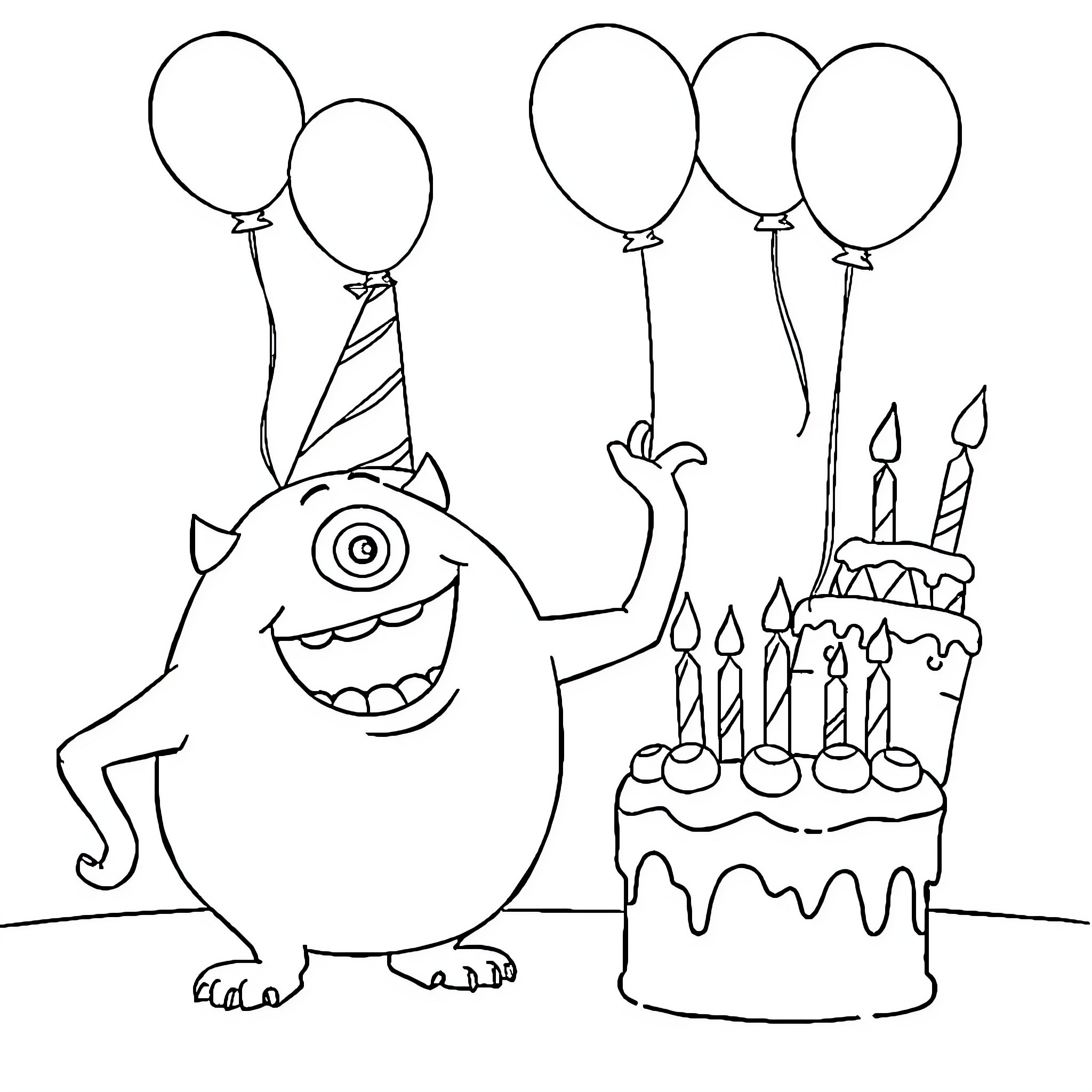 Boo Monster celebrates birthday with cake and balloons Coloring Page (free black-and-white line drawing printable PDF for all, from beginners to advanced learners, including children, teens, adults, and seniors)