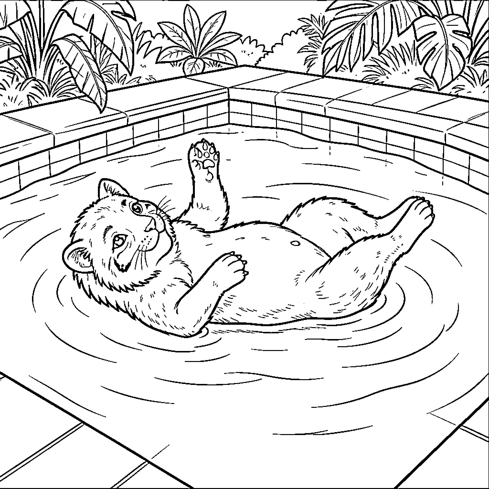 Sacré de Birmanie relaxing in a backyard pool Coloring Page (free black-and-white line drawing printable PDF for all, from beginners to advanced learners, including children, teens, adults, and seniors)