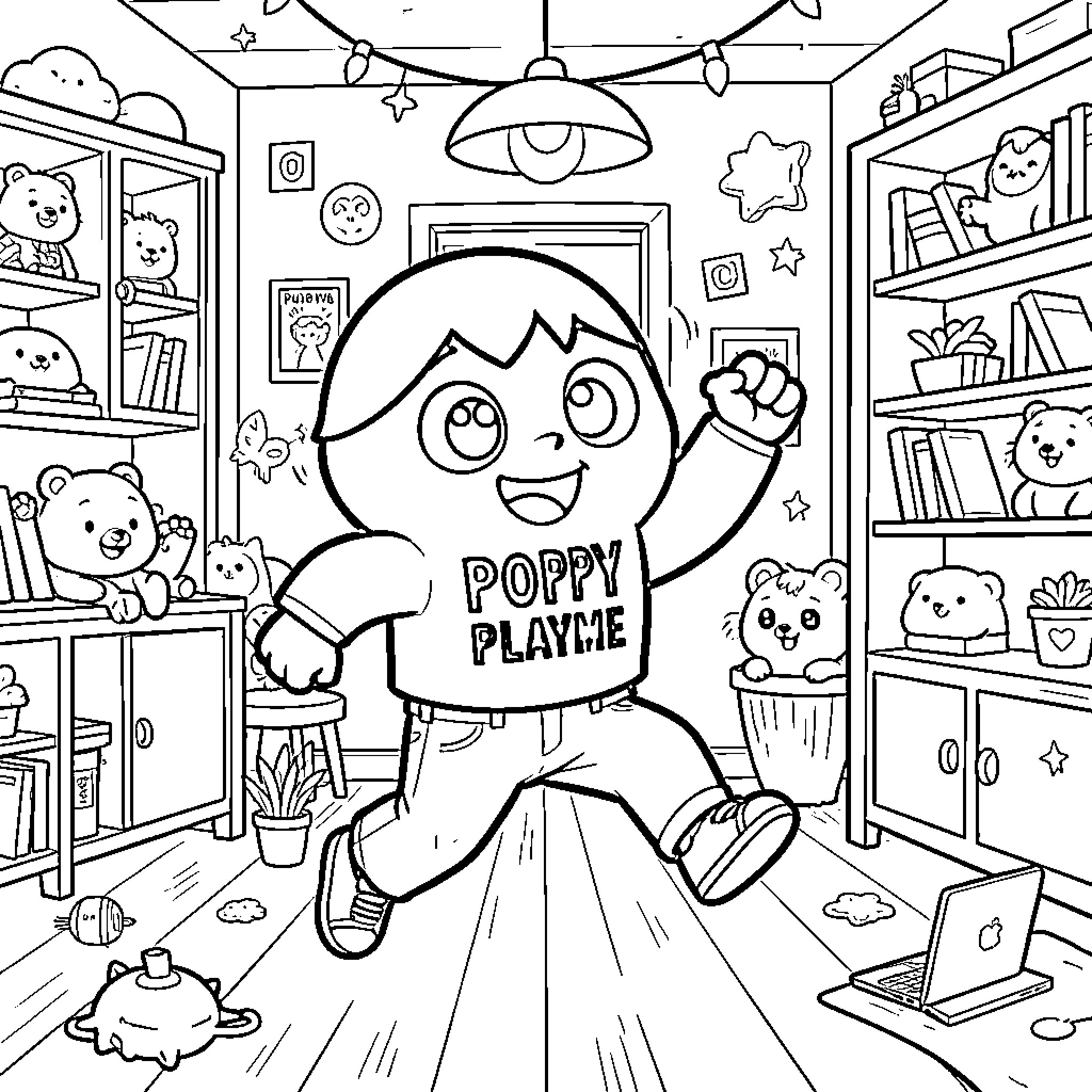 Poppy running excitedly through a room full of toys Coloring Page (free black-and-white line drawing printable PDF for all, from beginners to advanced learners, including children, teens, adults, and seniors)