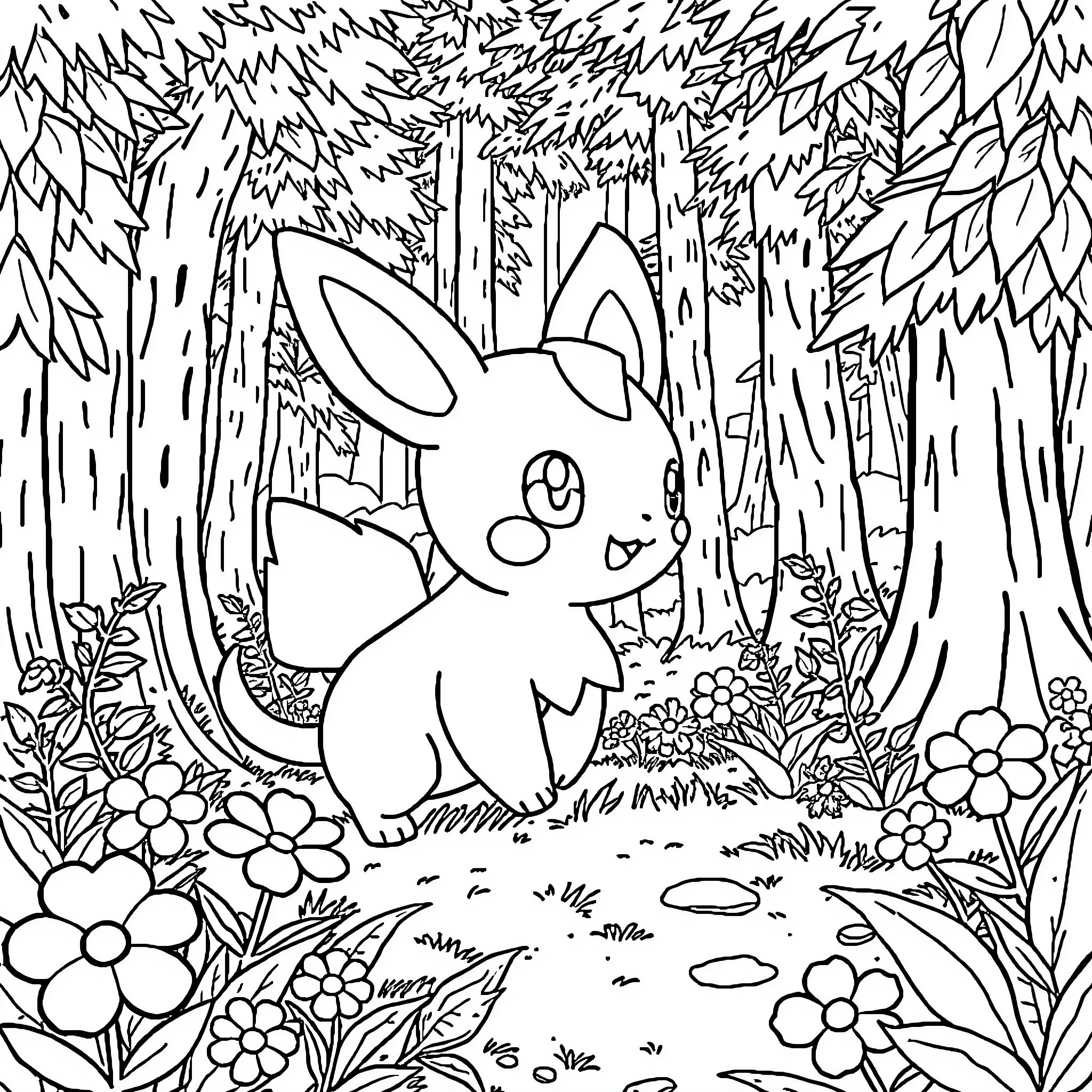 Evoli in a Whimsical Forest Coloring Page (free black-and-white line drawing printable PDF for all, from beginners to advanced learners, including children, teens, adults, and seniors)