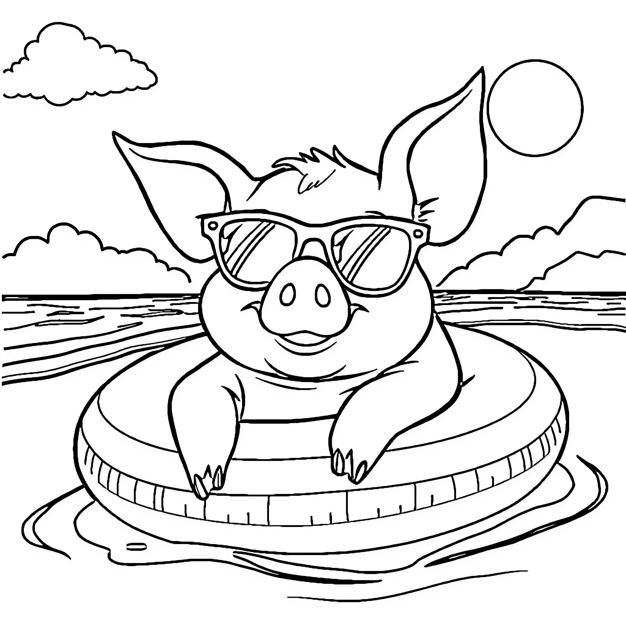 Pig floating on inner tube with sunglasses Coloring Page (free black-and-white line drawing printable PDF for all, from beginners to advanced learners, including children, teens, adults, and seniors)