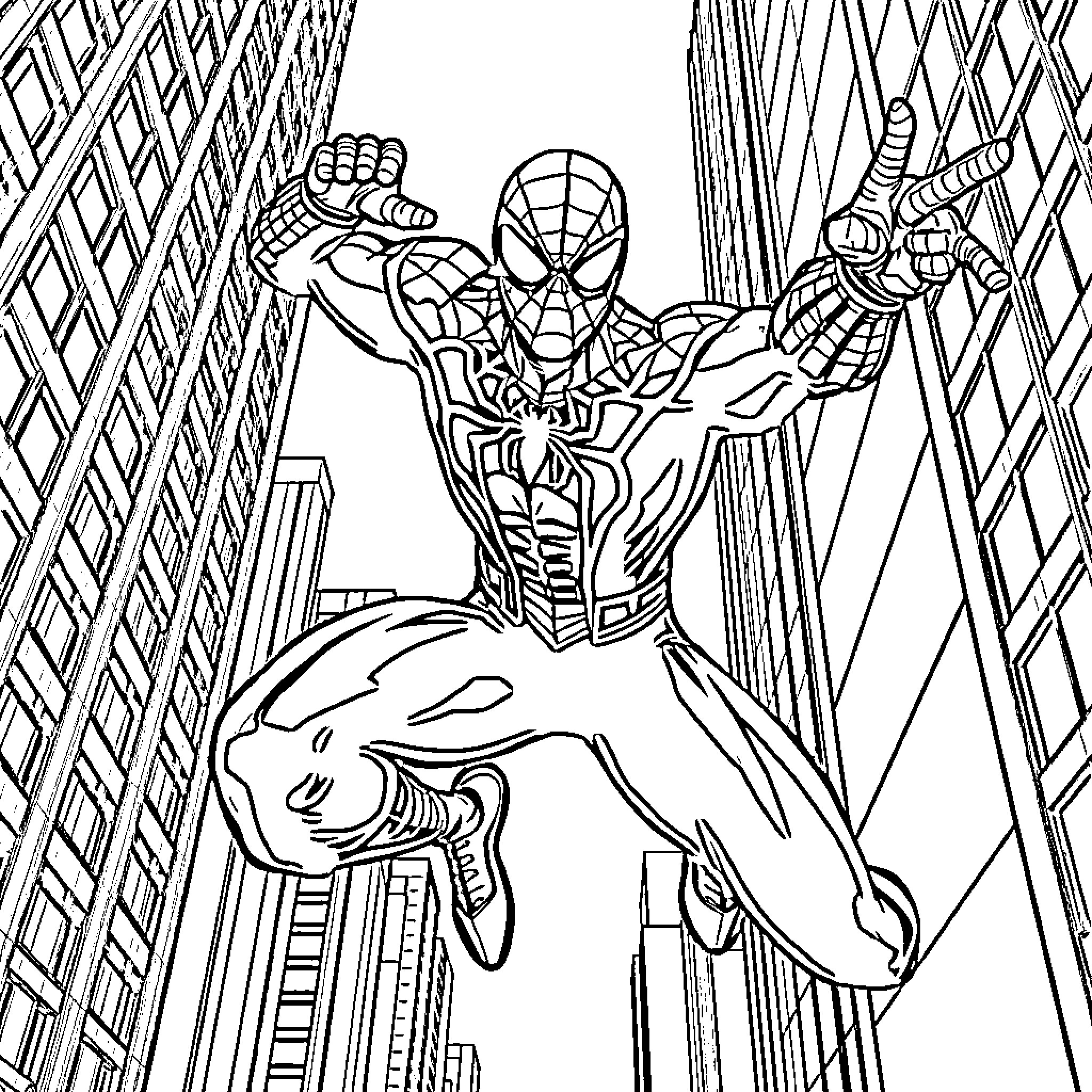 Spider-Man swinging through the city Coloring Page (free black-and-white line drawing printable PDF for all, from beginners to advanced learners, including children, teens, adults, and seniors)