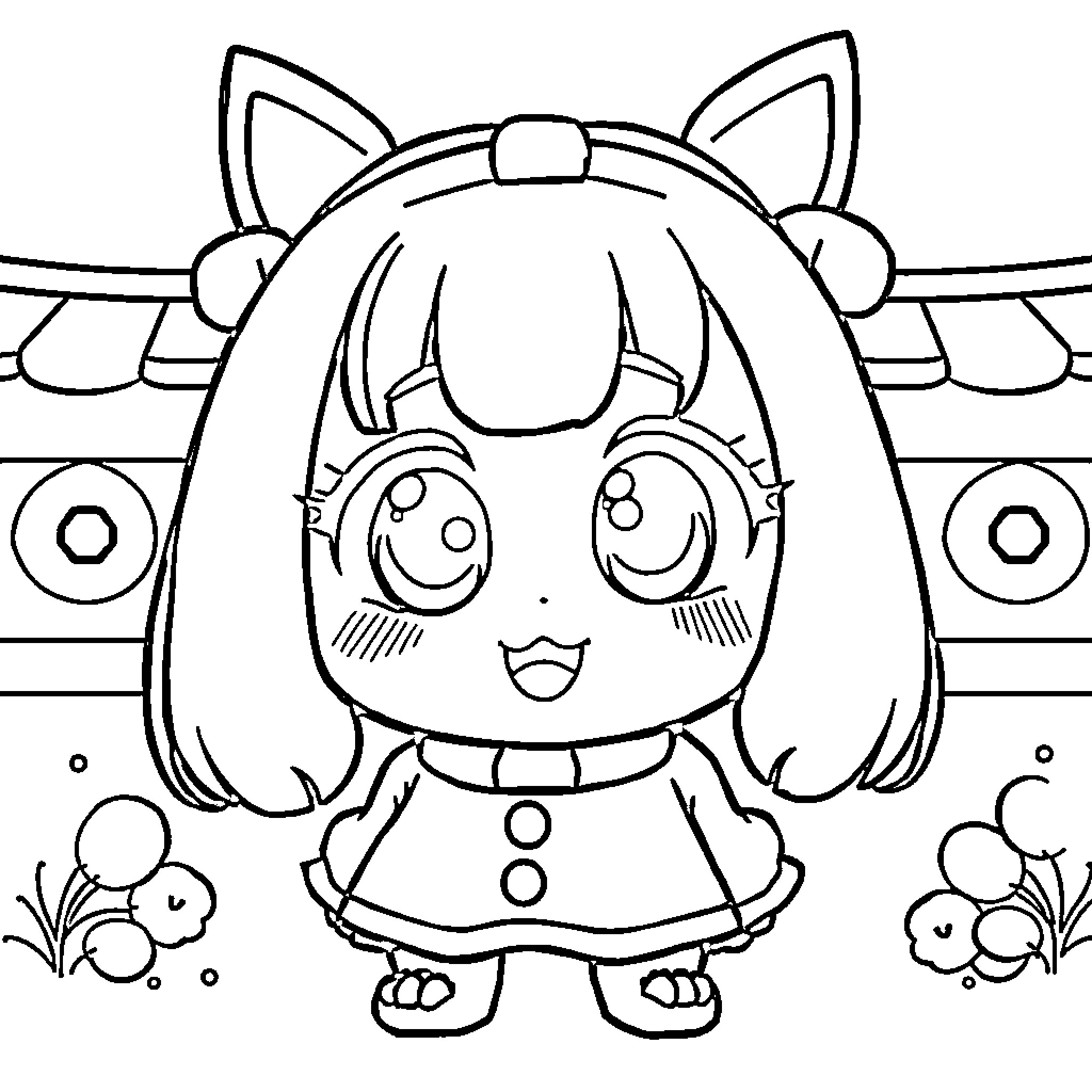 Nezuko in a Whimsical Pose with Playful Accessories Coloring Page (free black-and-white line drawing printable PDF for all, from beginners to advanced learners, including children, teens, adults, and seniors)