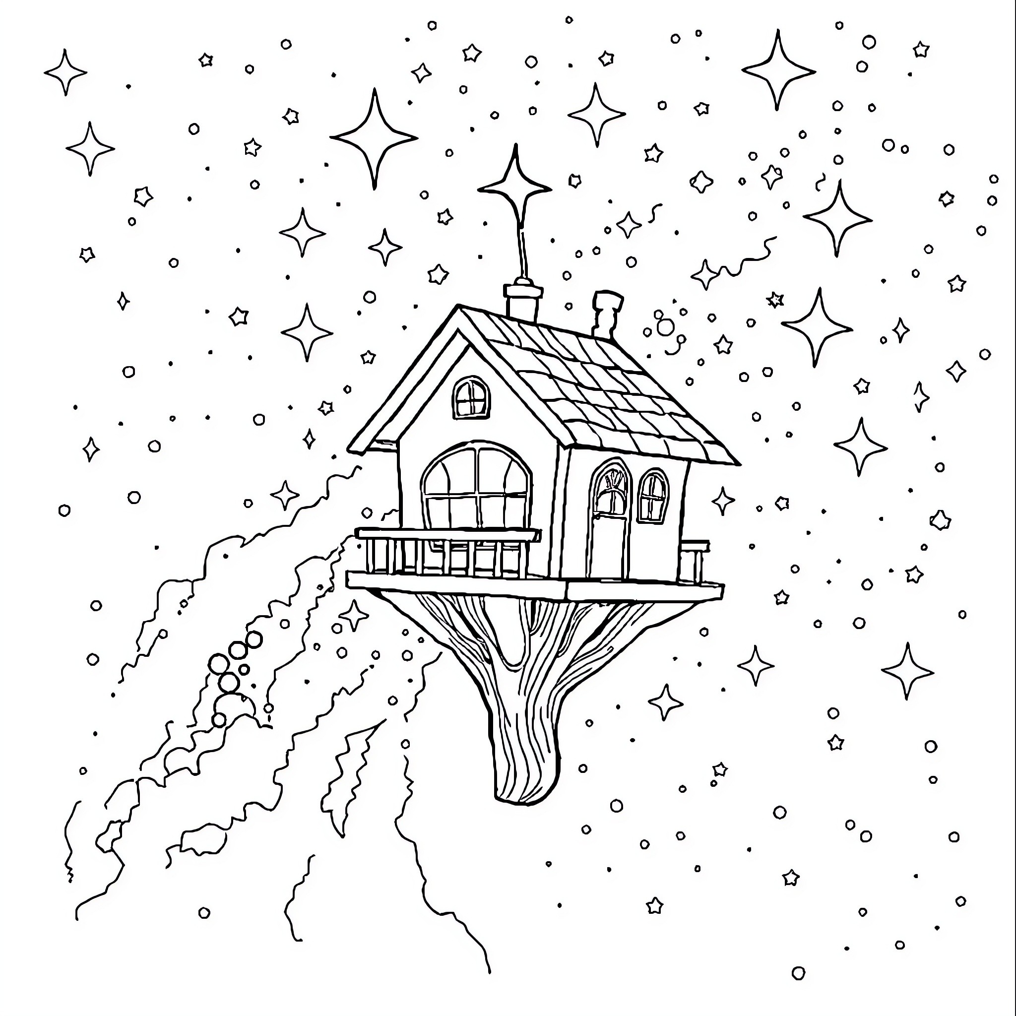 Tree House Floating in the Starry Night Coloring Page (free black-and-white line drawing printable PDF for all, from beginners to advanced learners, including children, teens, adults, and seniors)