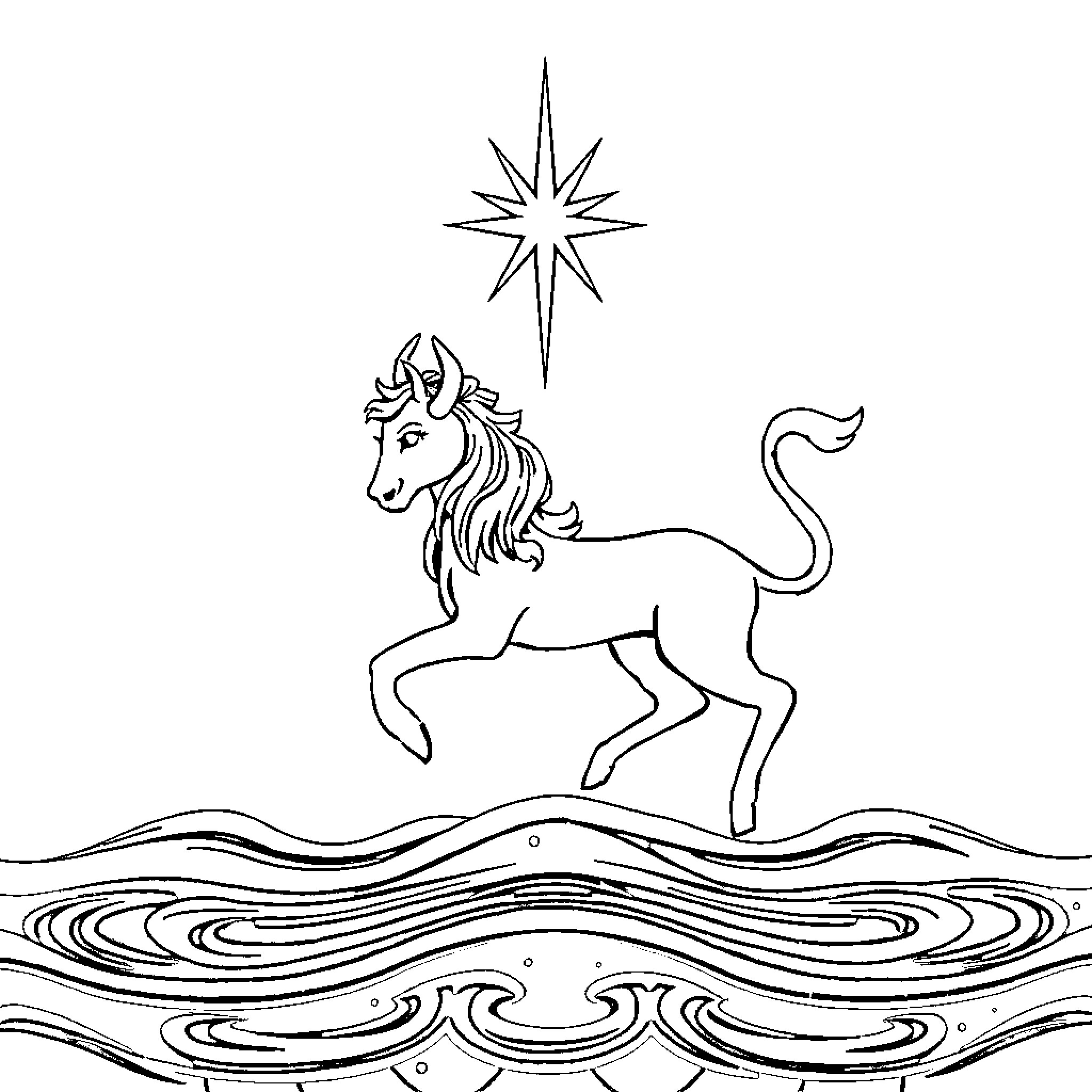 Aquarius - Mystical Unicorn Under Shining Star Coloring Page (free black-and-white line drawing printable PDF for all, from beginners to advanced learners, including children, teens, adults, and seniors)