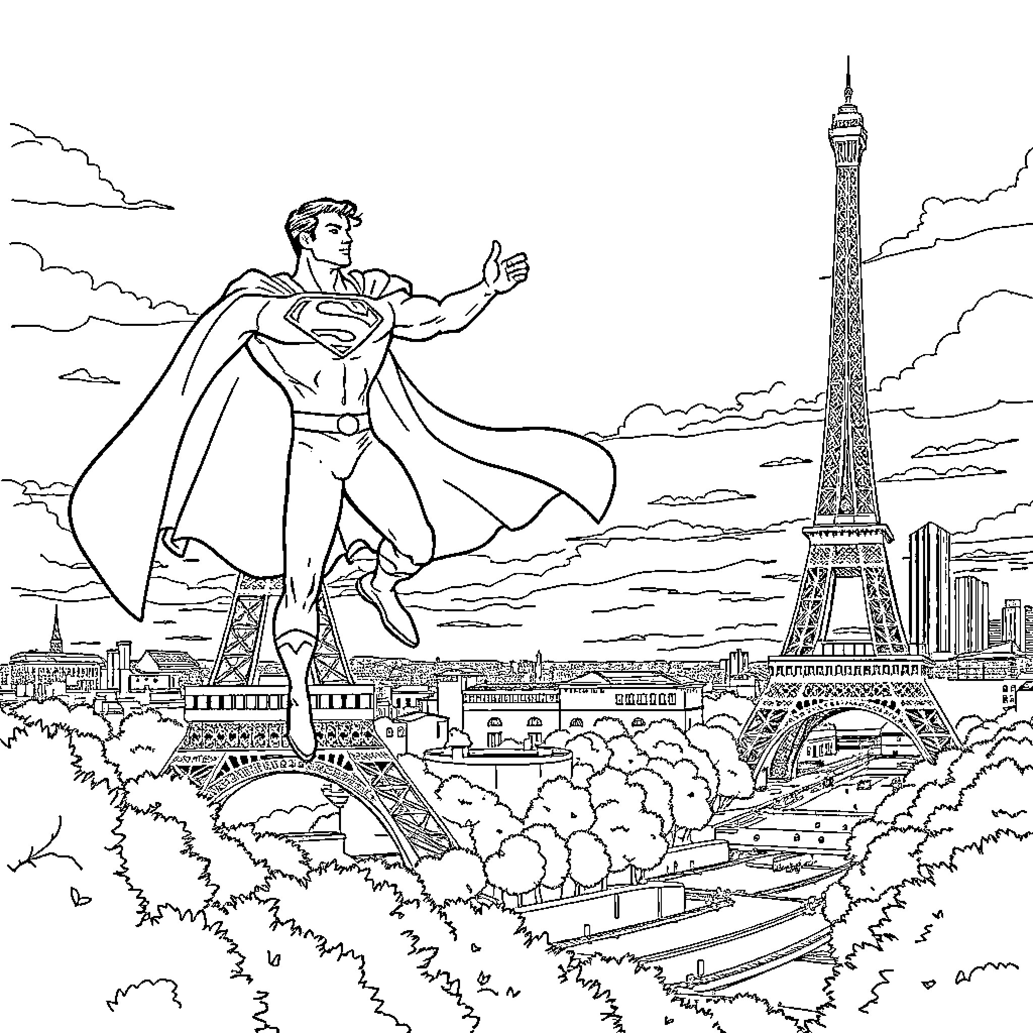 Superman soaring over the Eiffel Tower Coloring Page (free black-and-white line drawing printable PDF for all, from beginners to advanced learners, including children, teens, adults, and seniors)