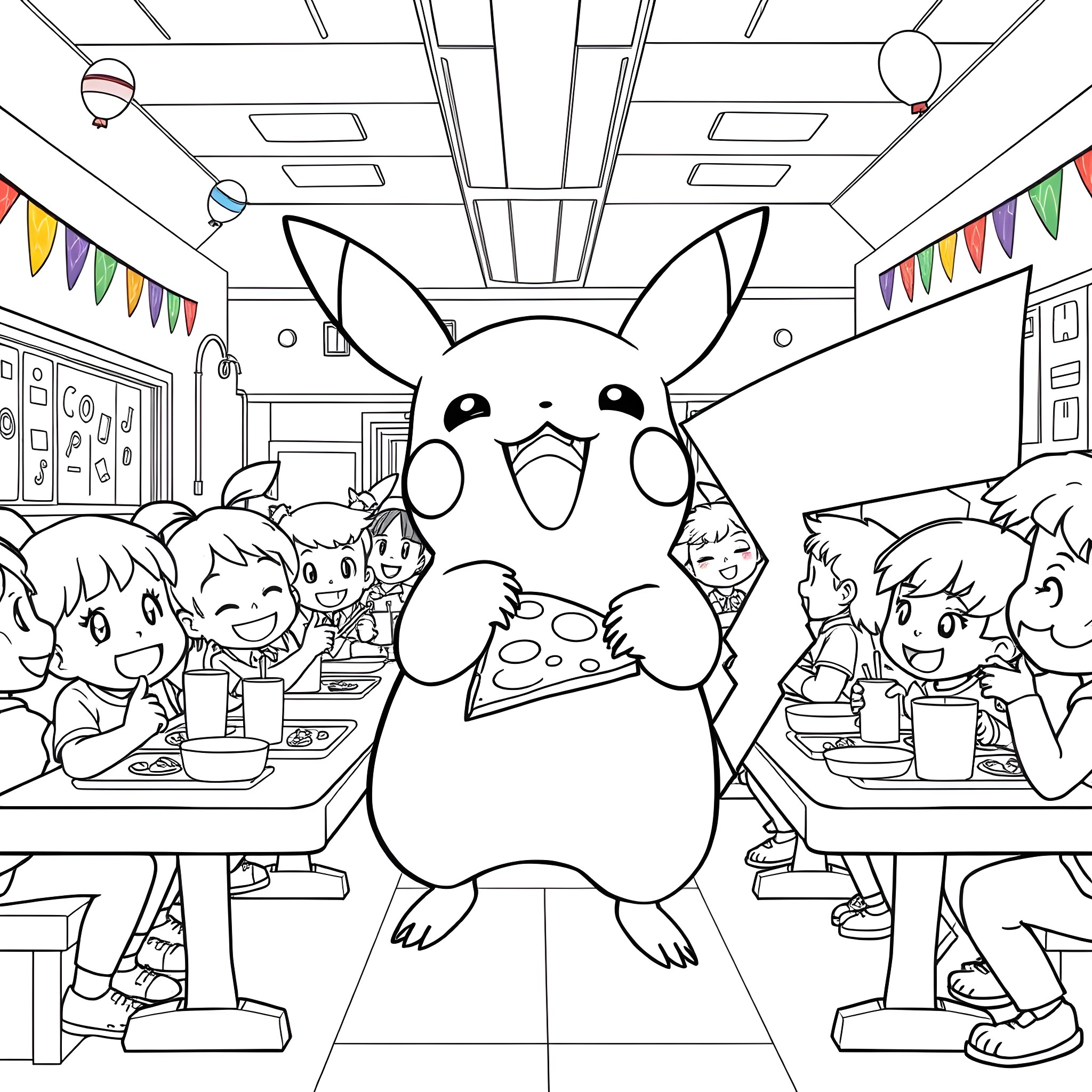 Pikachu Surprises Students in Lively Classroom Coloring Page (free black-and-white line drawing printable PDF for all, from beginners to advanced learners, including children, teens, adults, and seniors)