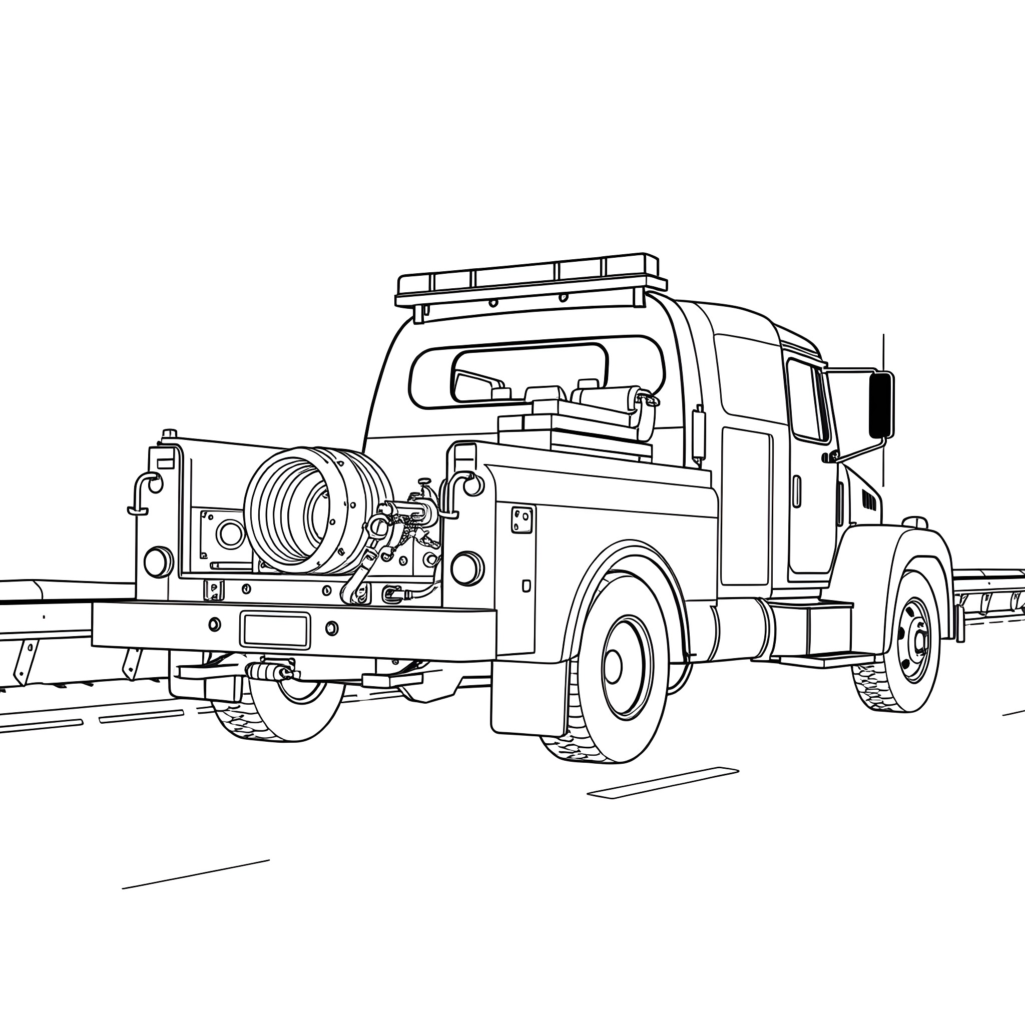 Tow Truck Assisting Disabled Vehicle on the Road Coloring Page (free black-and-white line drawing printable PDF for all, from beginners to advanced learners, including children, teens, adults, and seniors)