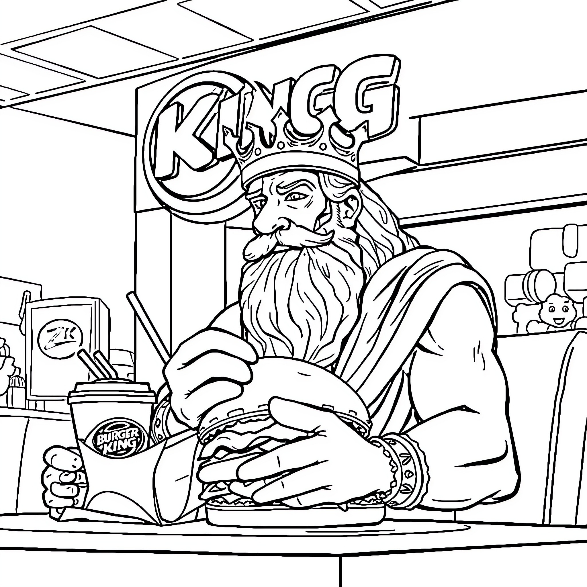 Zeus enjoying a burger at the fast-food restaurant Coloring Page (free black-and-white line drawing printable PDF for all, from beginners to advanced learners, including children, teens, adults, and seniors)