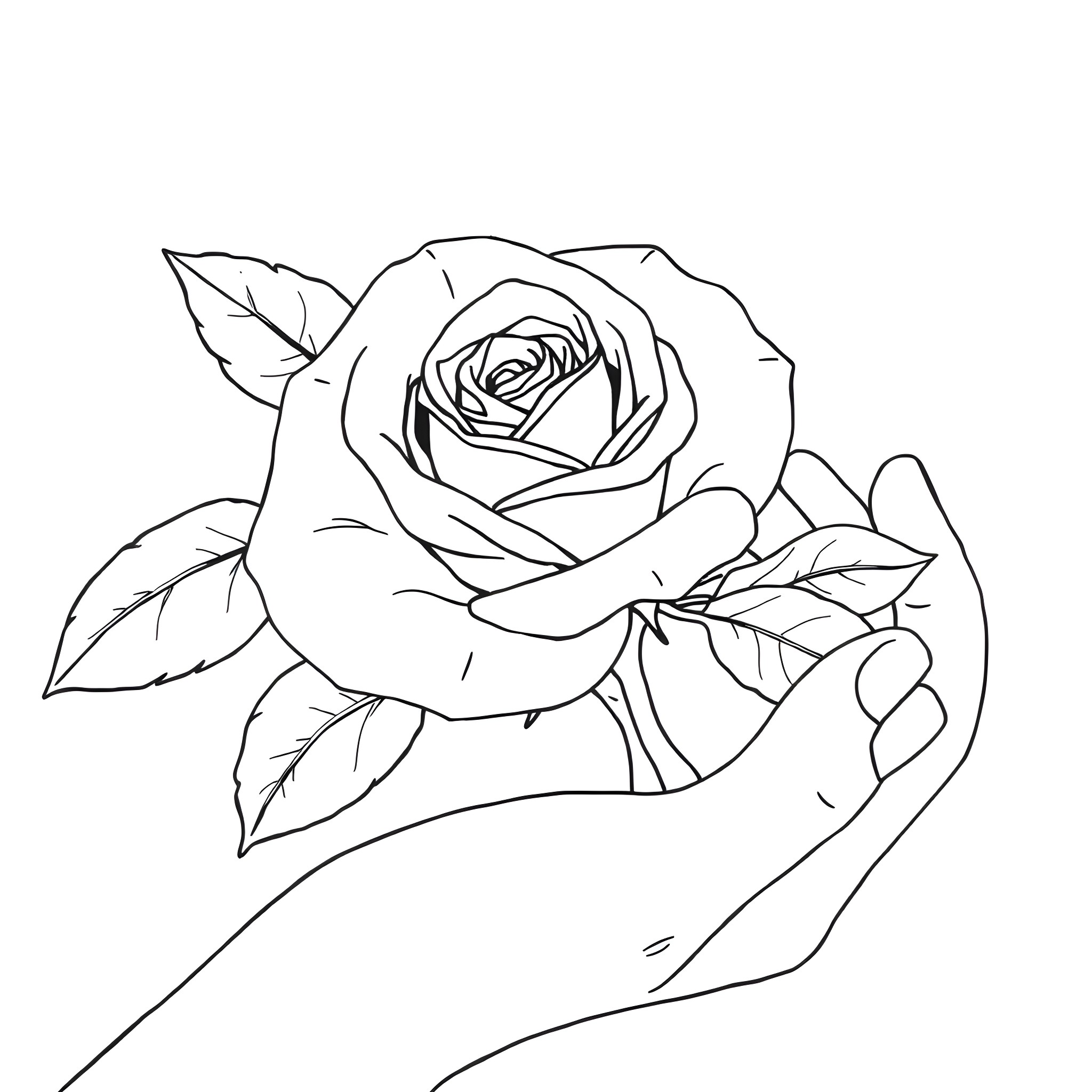 Rose in Delicate Embrace Coloring Page (free black-and-white line drawing printable PDF for all, from beginners to advanced learners, including children, teens, adults, and seniors)