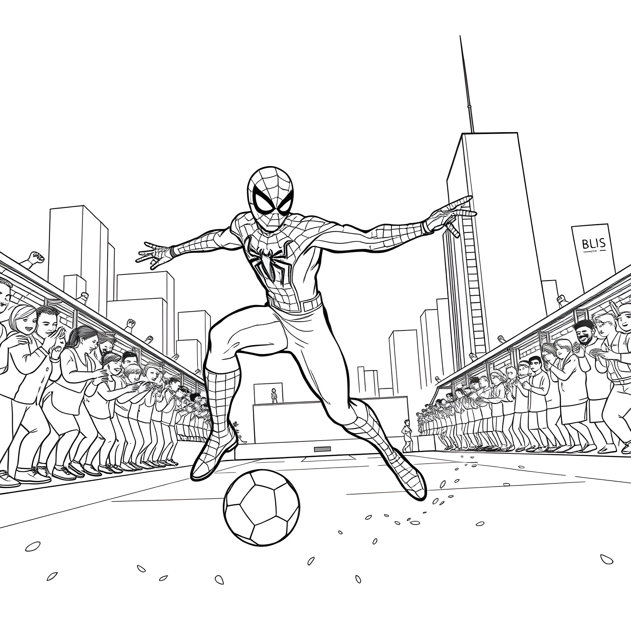 Spiderman playing soccer with crowd in the city Coloring Page (free black-and-white line drawing printable PDF for all, from beginners to advanced learners, including children, teens, adults, and seniors)