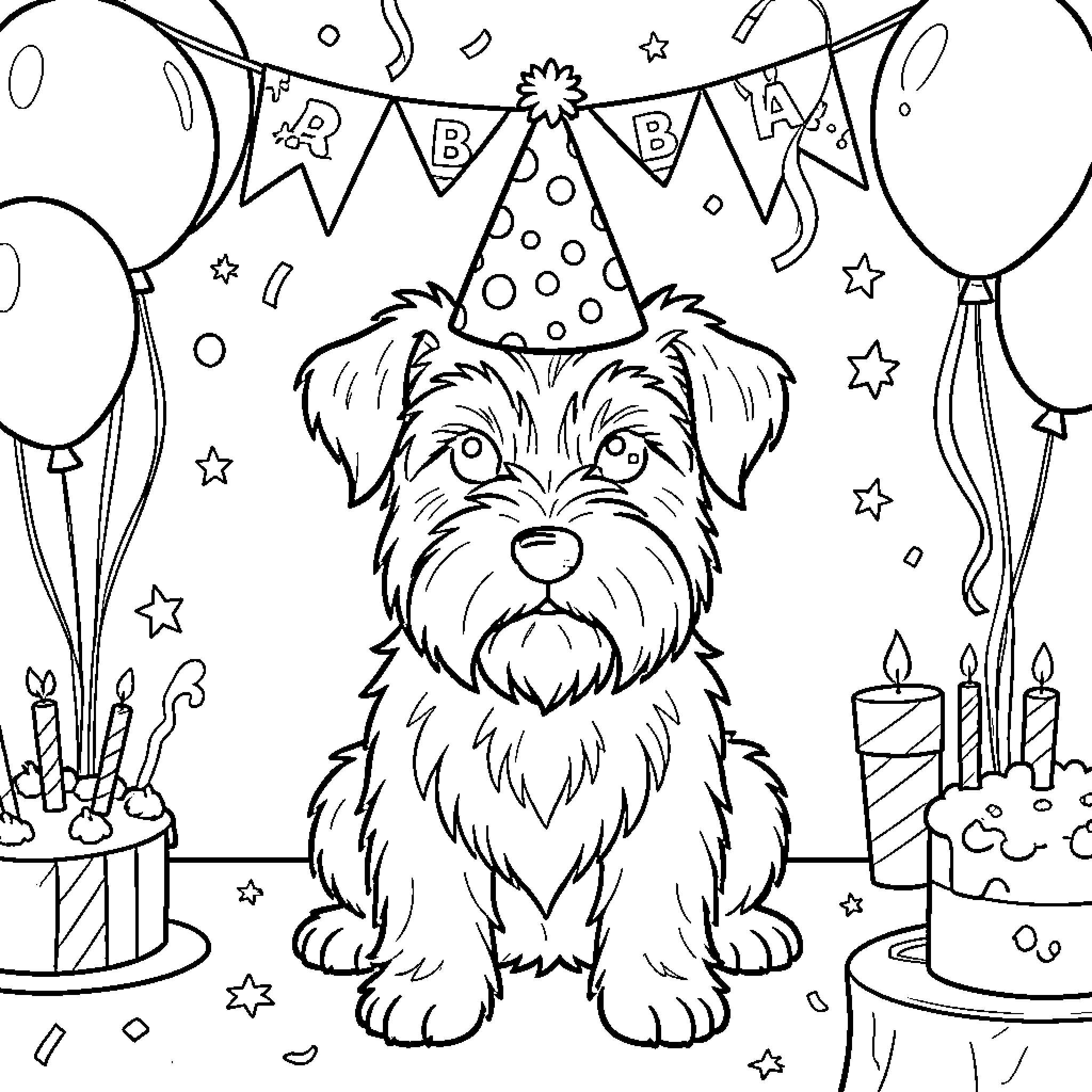 Dog celebrating birthday with party hats and balloons Coloring Page (free black-and-white line drawing printable PDF for all, from beginners to advanced learners, including children, teens, adults, and seniors)