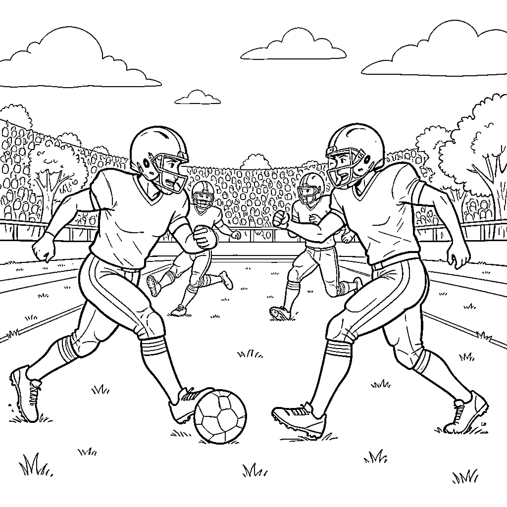 Football players competing in a stadium match Coloring Page (free black-and-white line drawing printable PDF for all, from beginners to advanced learners, including children, teens, adults, and seniors)