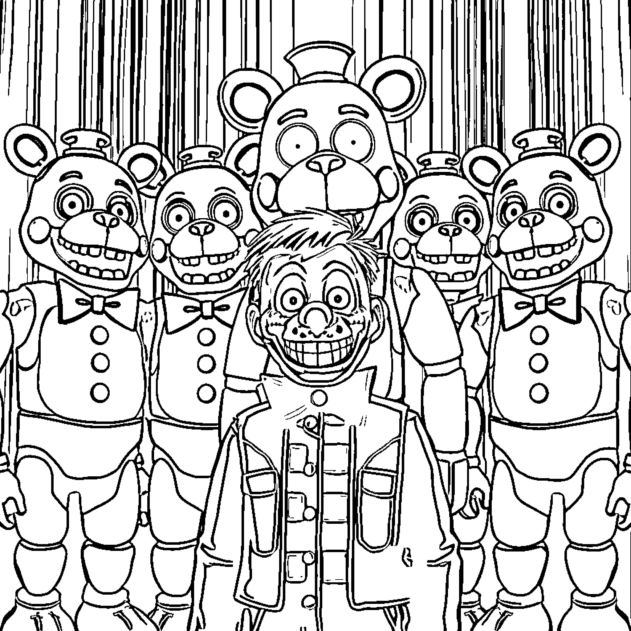William Afton and his band of animatronics Coloring Page (free black-and-white line drawing printable PDF for all, from beginners to advanced learners, including children, teens, adults, and seniors)